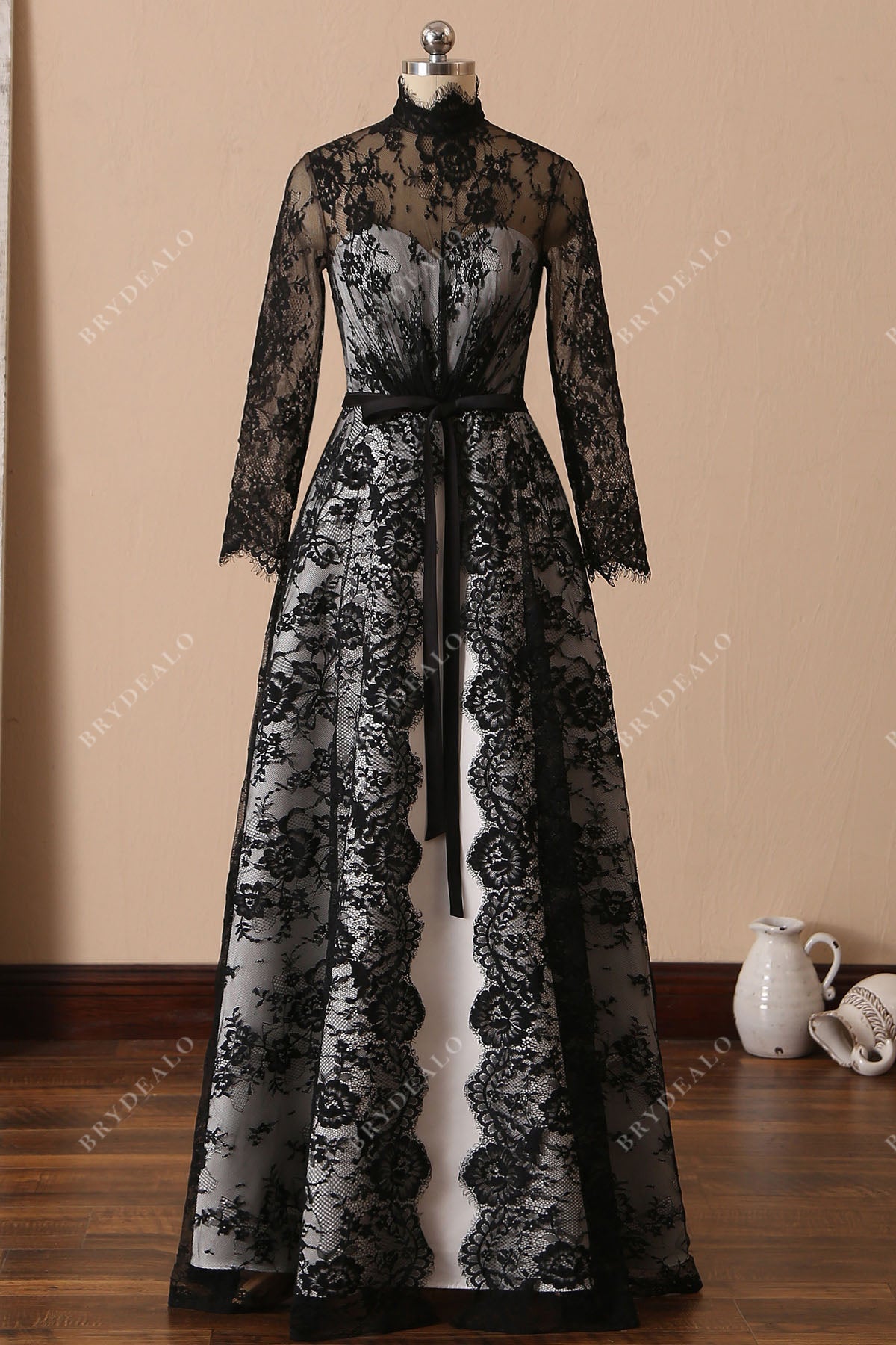 Unique Black Lace Overlaid White Satin Gothic Bridal Dress