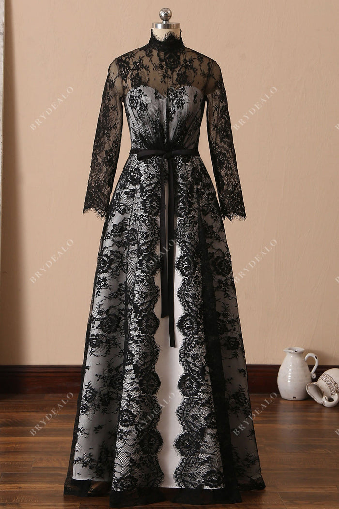 Unique Black Lace Overlaid Gothic A-line Unconventional Bridal Dress