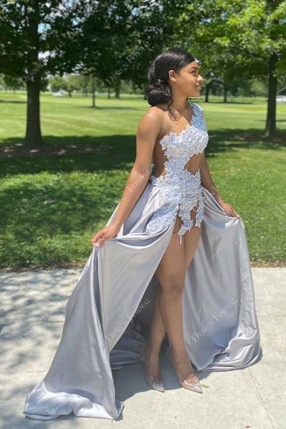 unique illusion beaded one shoulder taffeta overksirt prom dress