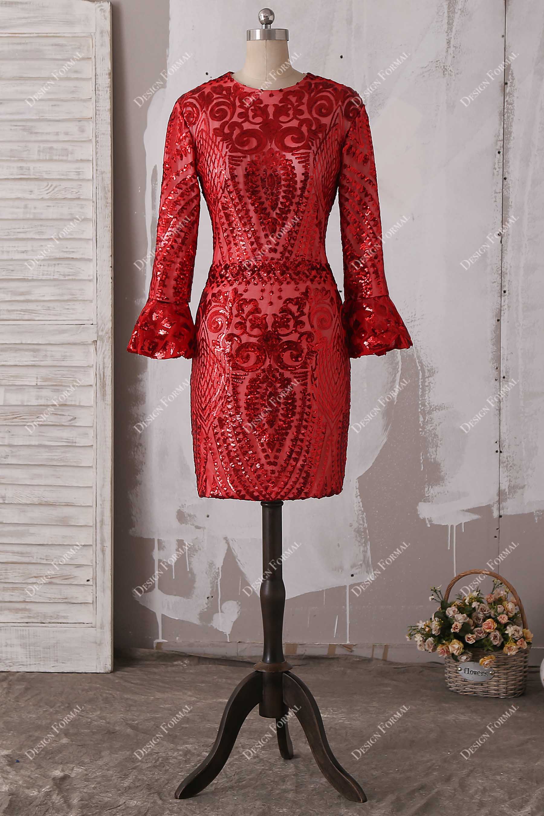 Unique Pattern Sequin Bell Sleeves Cocktail Dress