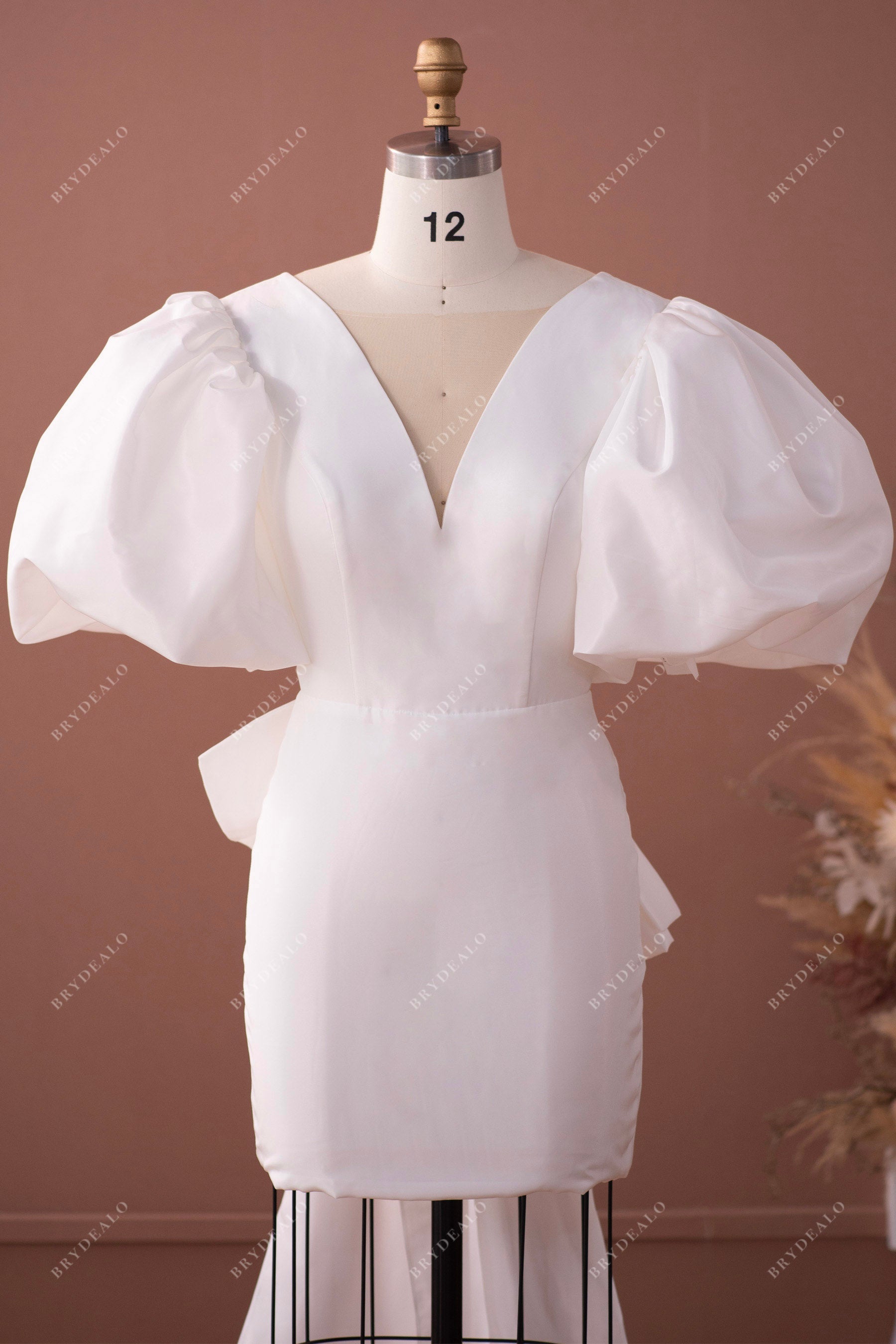 V-neck bubble sleeves informal bridal dress