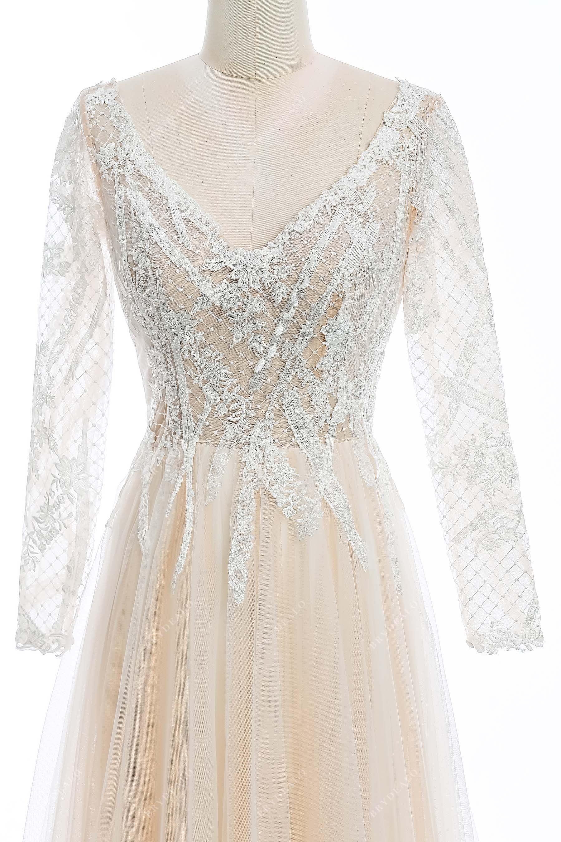 V-neck lace sheer long sleeves bridal gown
