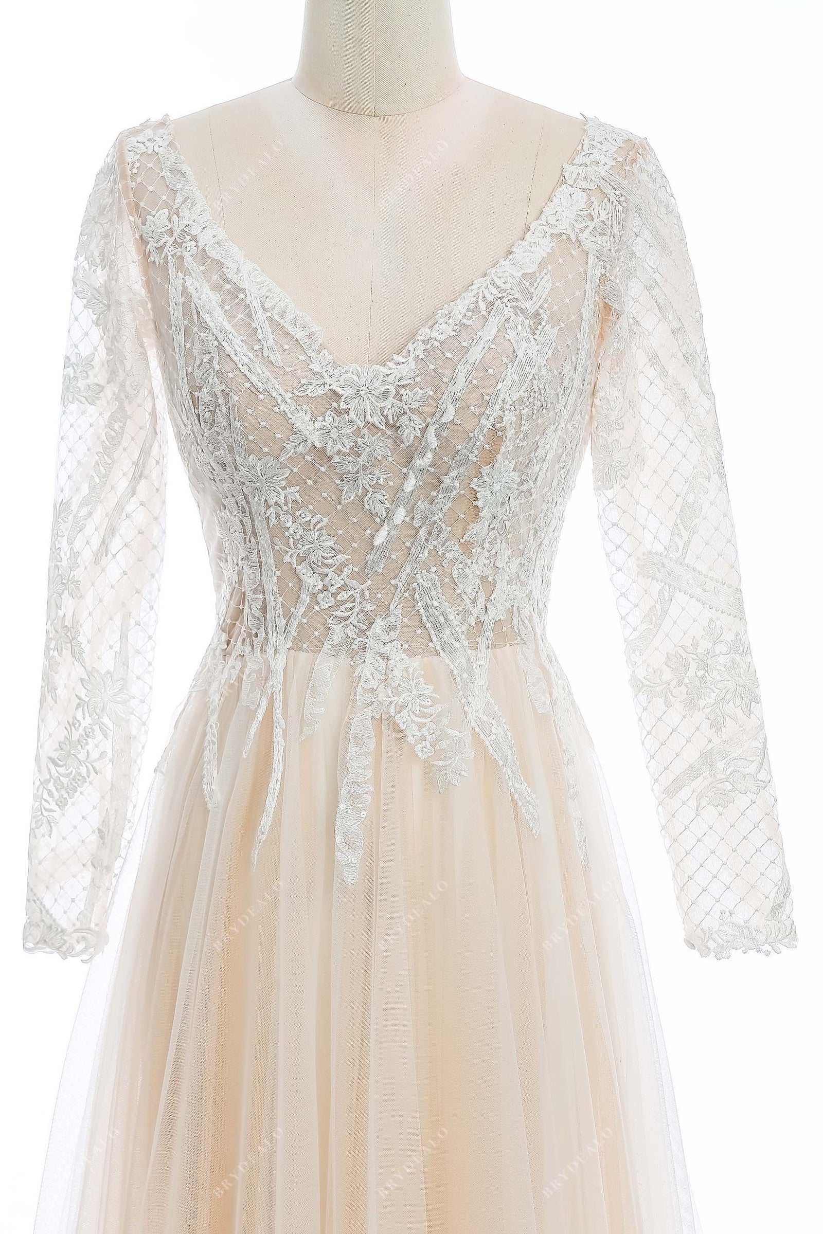 Champagne Lace V-neck Long Sleeve Open Back Wedding Dress