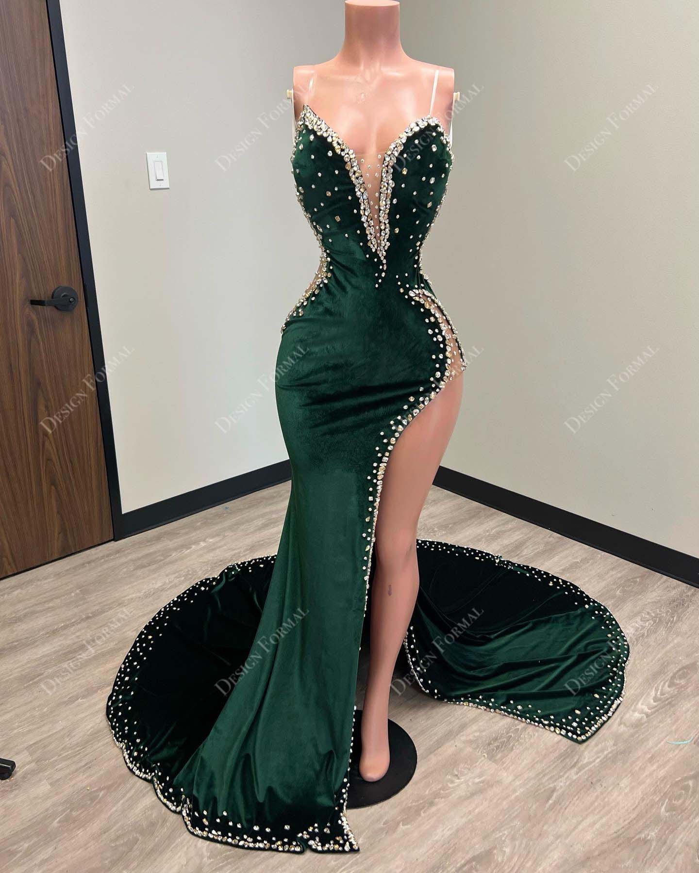 velvet custom mermaid dark green prom dress