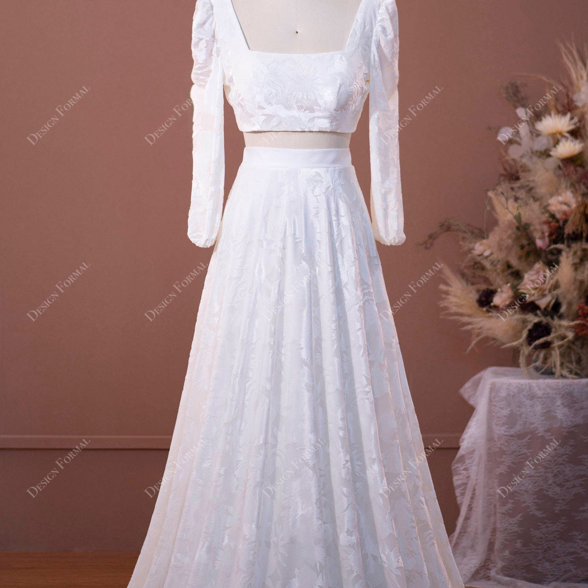 fitted lace wedding dress Elegant Two Piece High-neck Lace Long Sleeves Wedding Dresses with Poc –  27dress main image 0