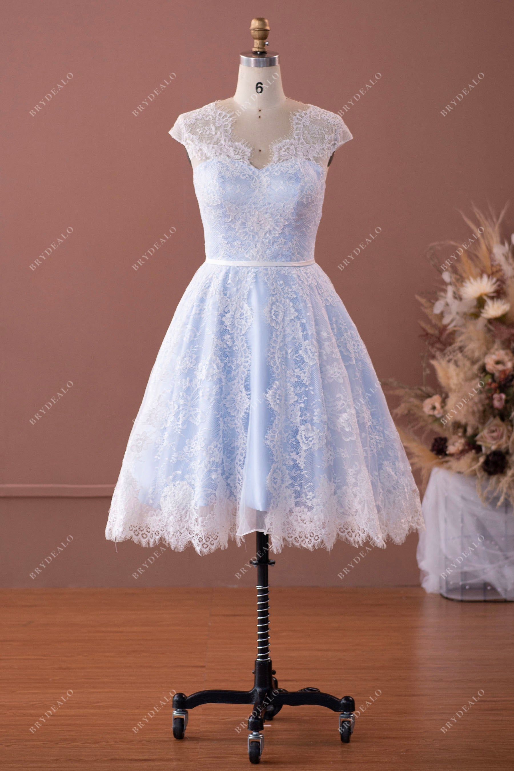Tea Length Lace Sky Blue Cap Sleeve Bridal Gown