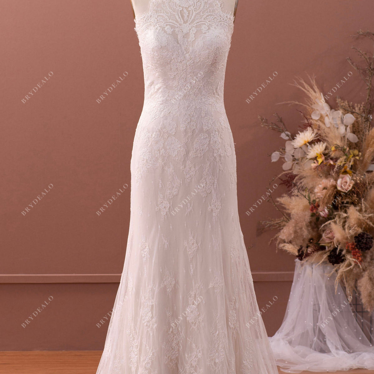 Vintage Halter Neck Designer Lace Mermaid Spring Fall Wedding Dress