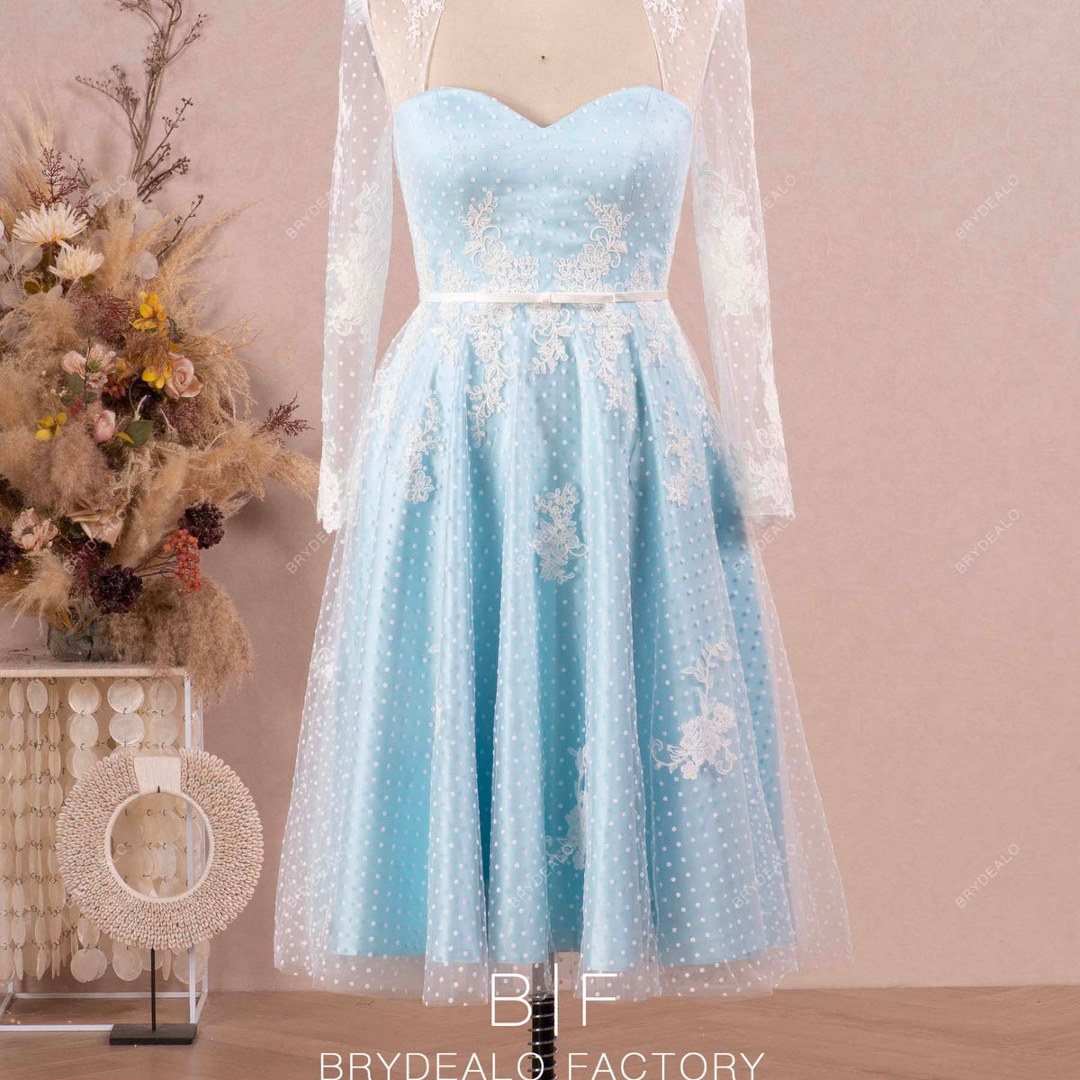 Vintage White Lace Overlaid Sky Blue Short A-Line Bridal Dress, Sky Blue Vintage White Lace Overlaid Sky Blue Short A-Line Bridal Dress, Sky Blue