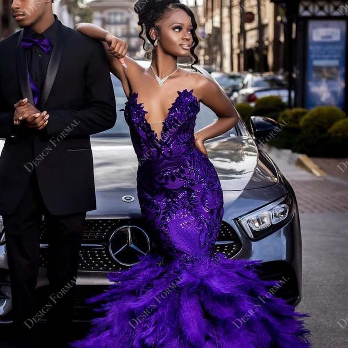 Regency Sequin Feather Strapless Made to Measure Trumpet Prom Dress