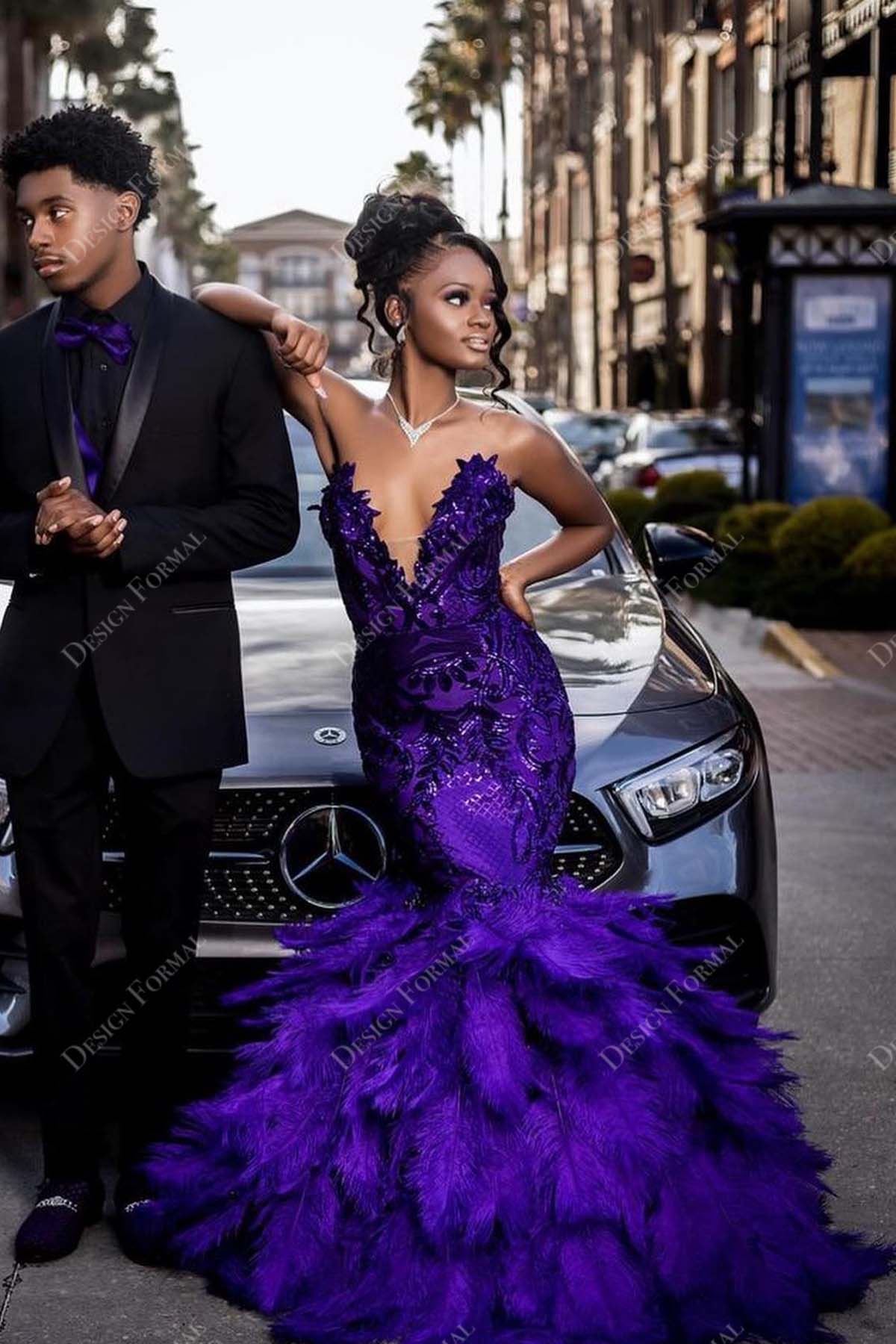 violet sequin appliqued feather strapless plunging mermaid prom gown