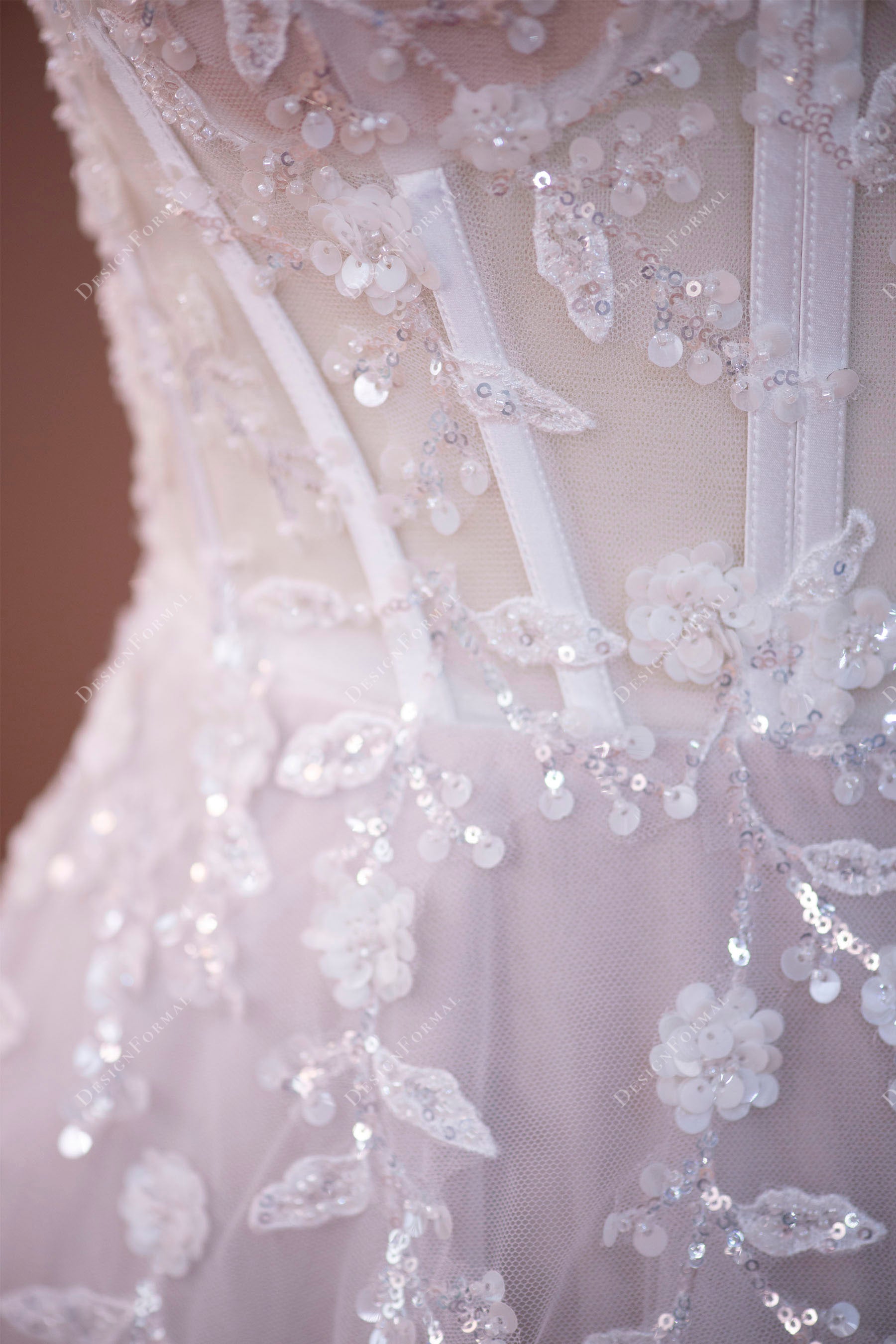 visible boning corset sequined flower lace wedding dress