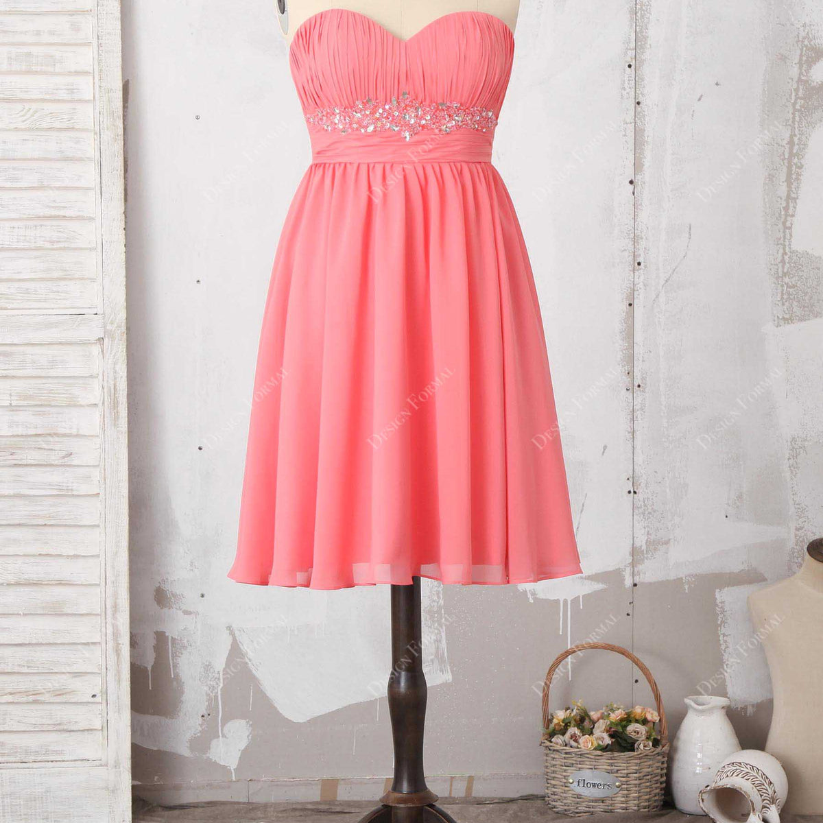 Beaded Pleated Watermelon Chiffon Short Homecoming Bridesmaid Dress