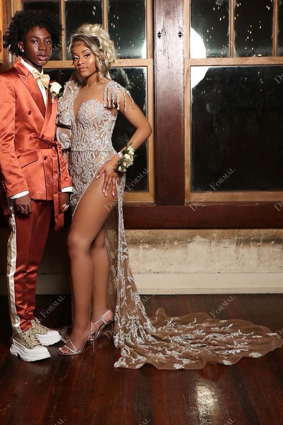 white sequin sleeved high slit long train prom dress