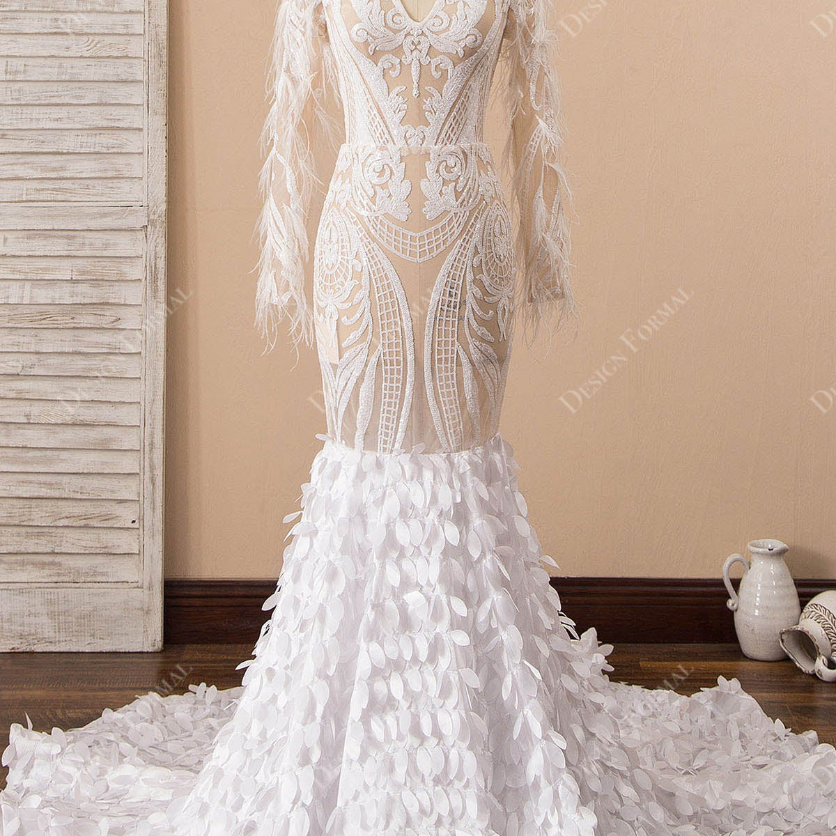 White Sequin Long Sleeve Dramatic 3D Leaf Trumpet Dress White Sequin Long Sleeve Dramatic 3D Leaf Trumpet Dress