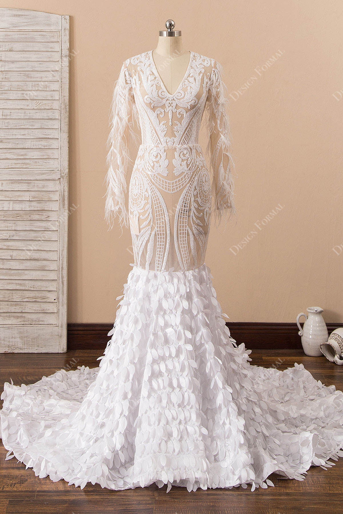white sequin long sleeves 3D leaf mermaid prom dress 
