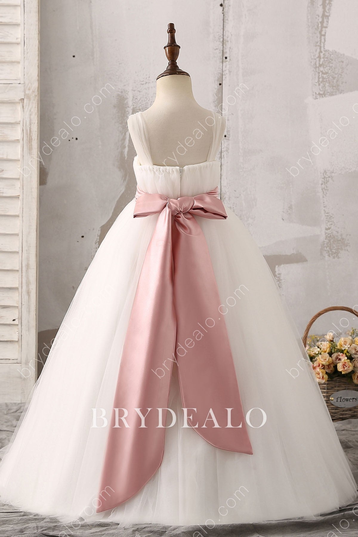 Pink Bow Knot Sleeveless Soft Tulle Flower Girl Ball Gown