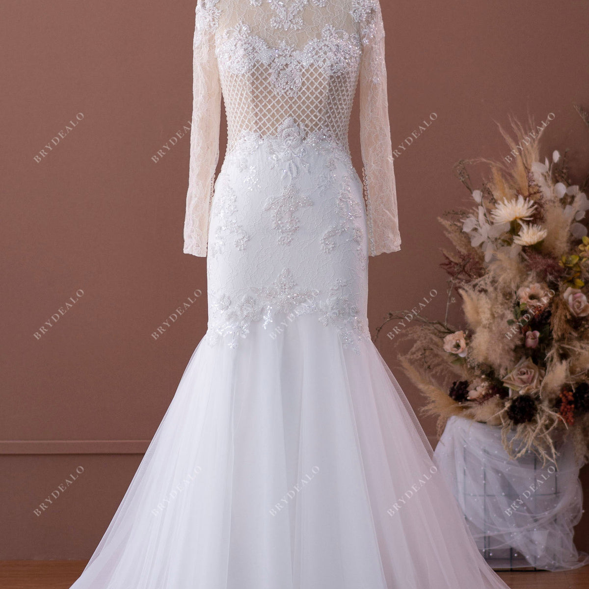 luxurious mermaid wedding dress Luxury Illusion High Neck Designer Beaded Lace Wedding Dress