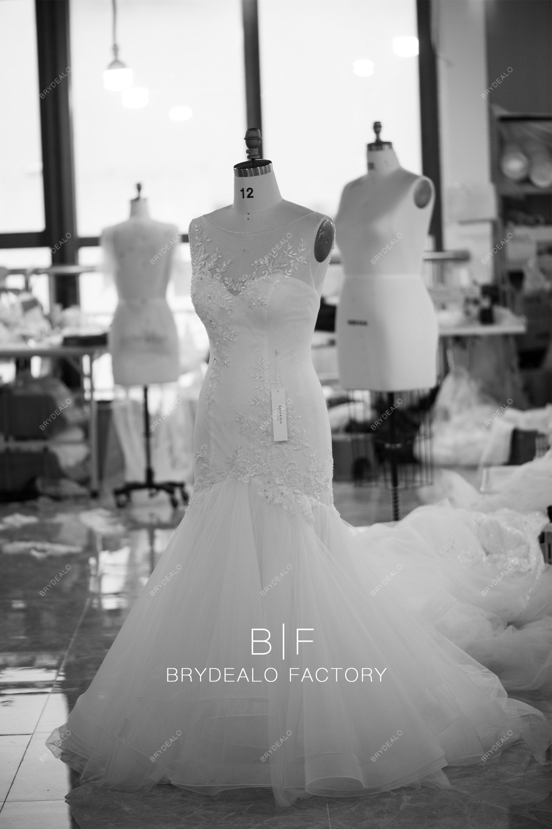 custom beaded flower lace fit flare ruffled wedding dress
