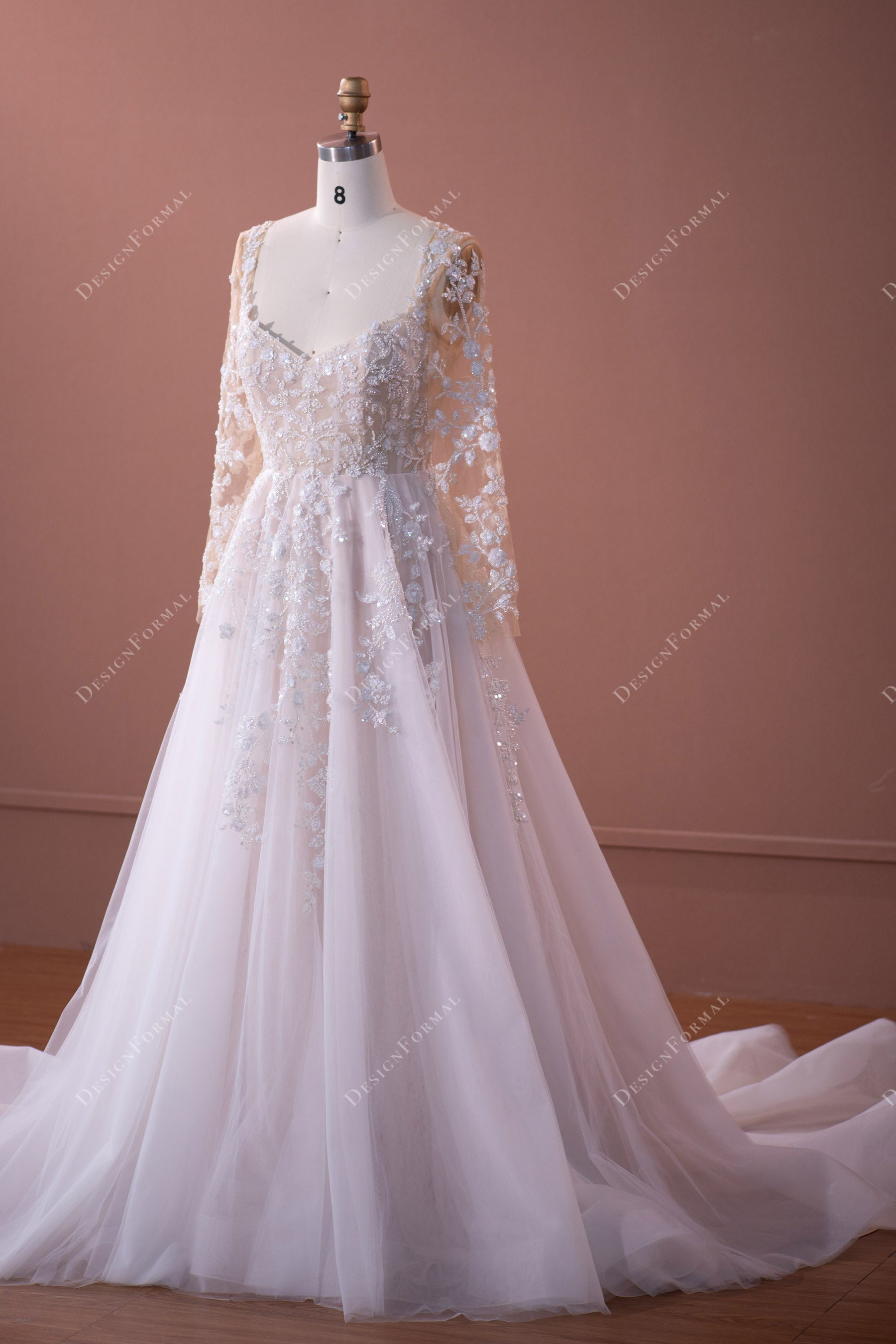 wholesale beaded lace long sleeve A-line bridal gown