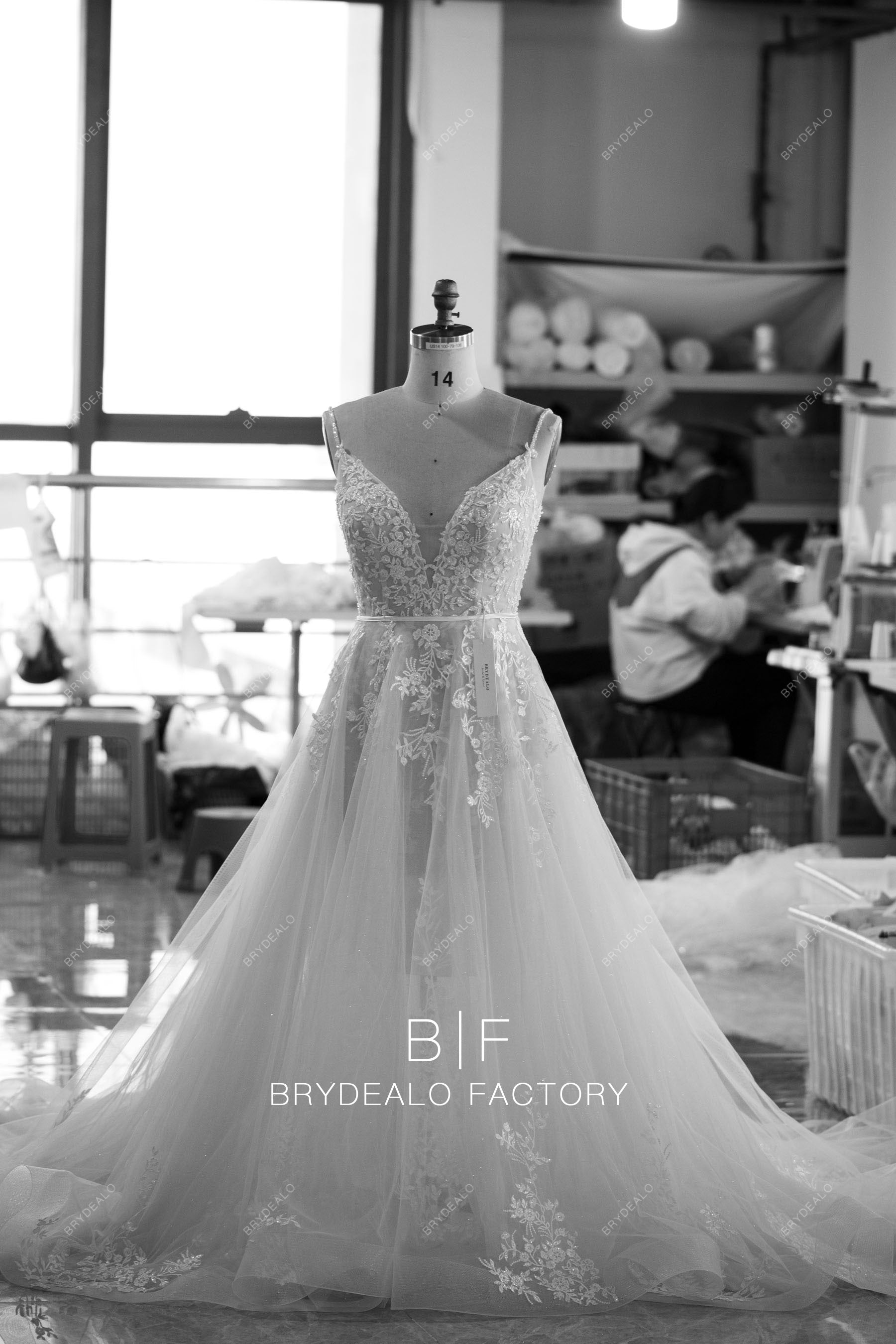 customized beaded lace straps plunging wedding dress