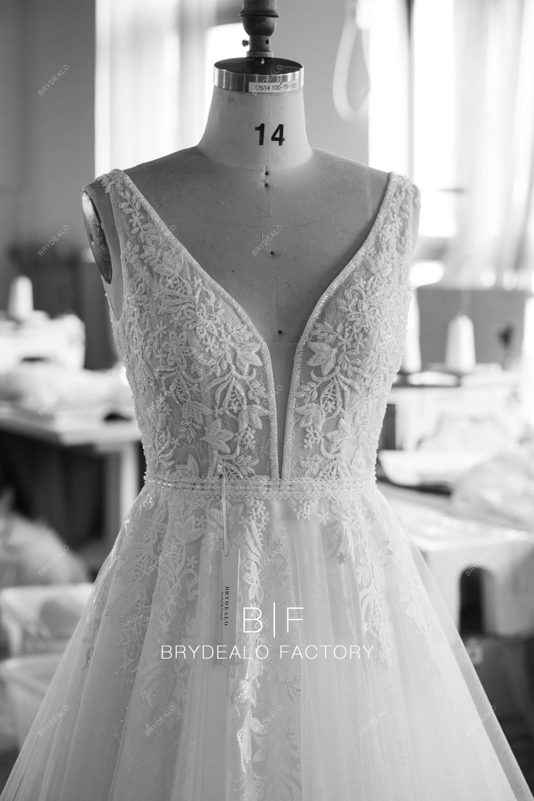 custom beaded plunging neck lace wedding dress
