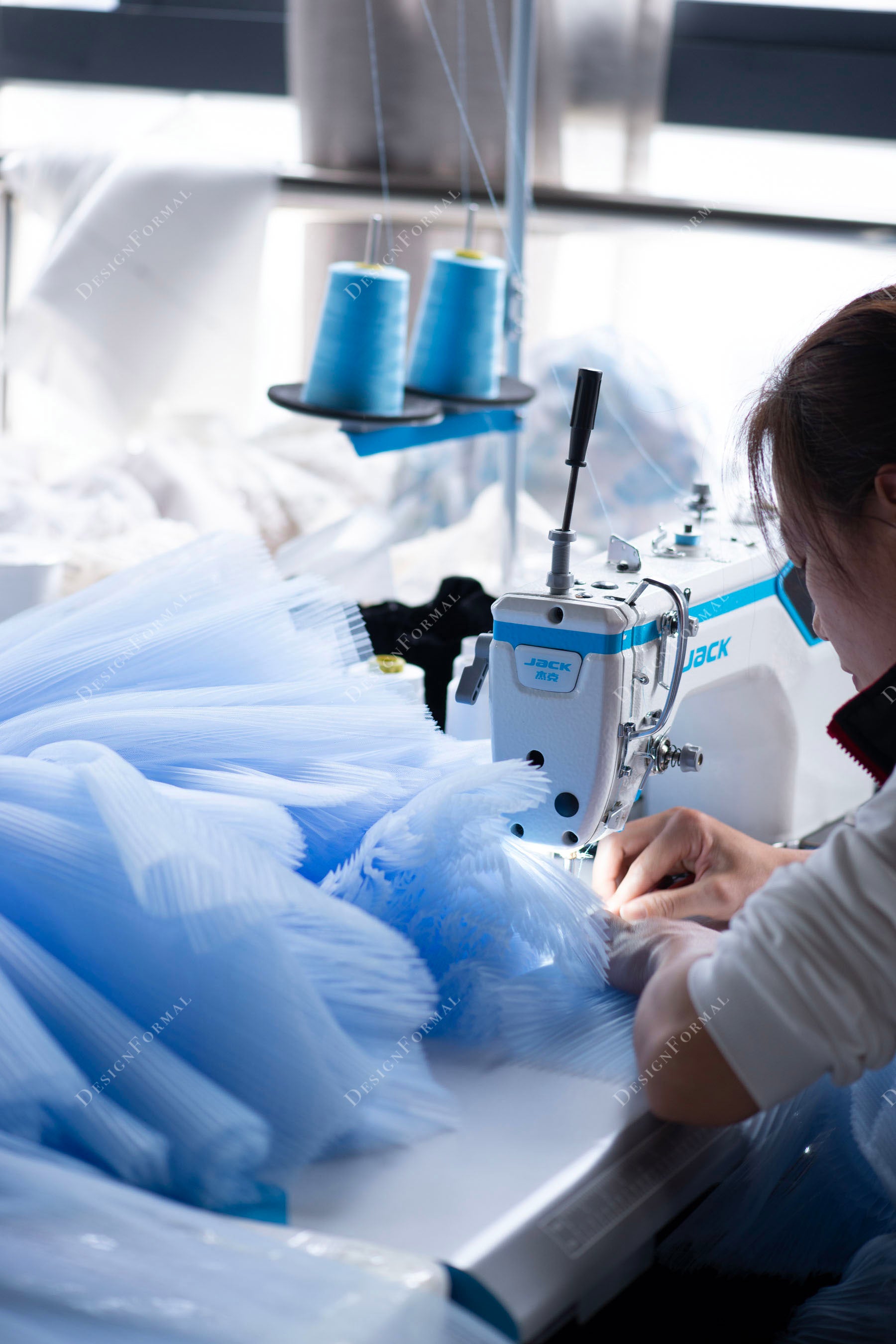 blue straps pleated tiered tulle prom dress