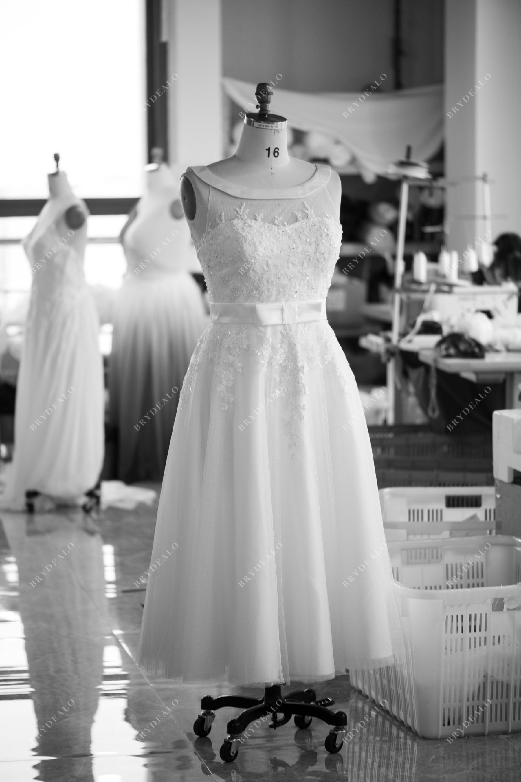 designer boat neck lace tea length wedding dress