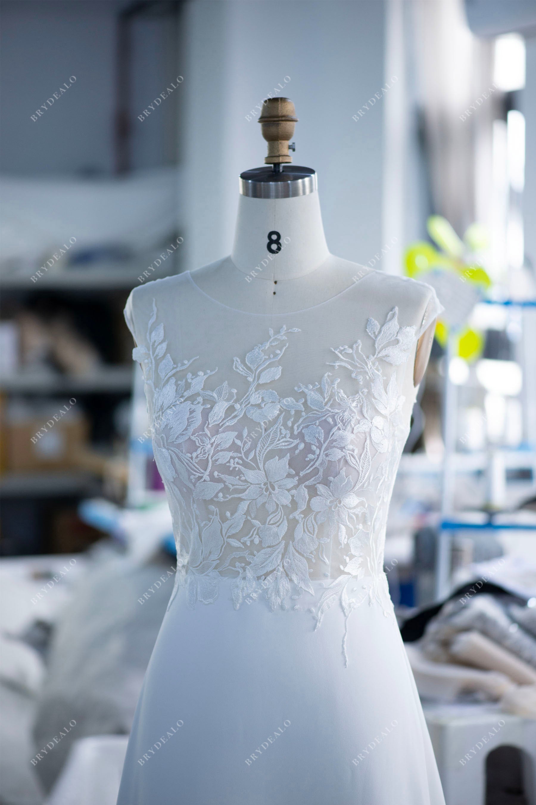 custom cap sleeve lace crepe bridal gown