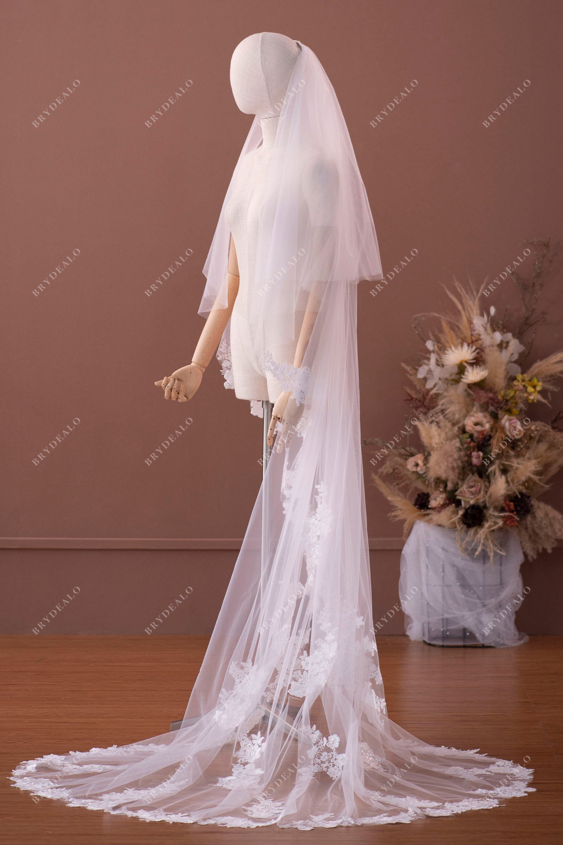 Online Two-Tier Chapel Length Shimmery Flower Lace Bridal Veil