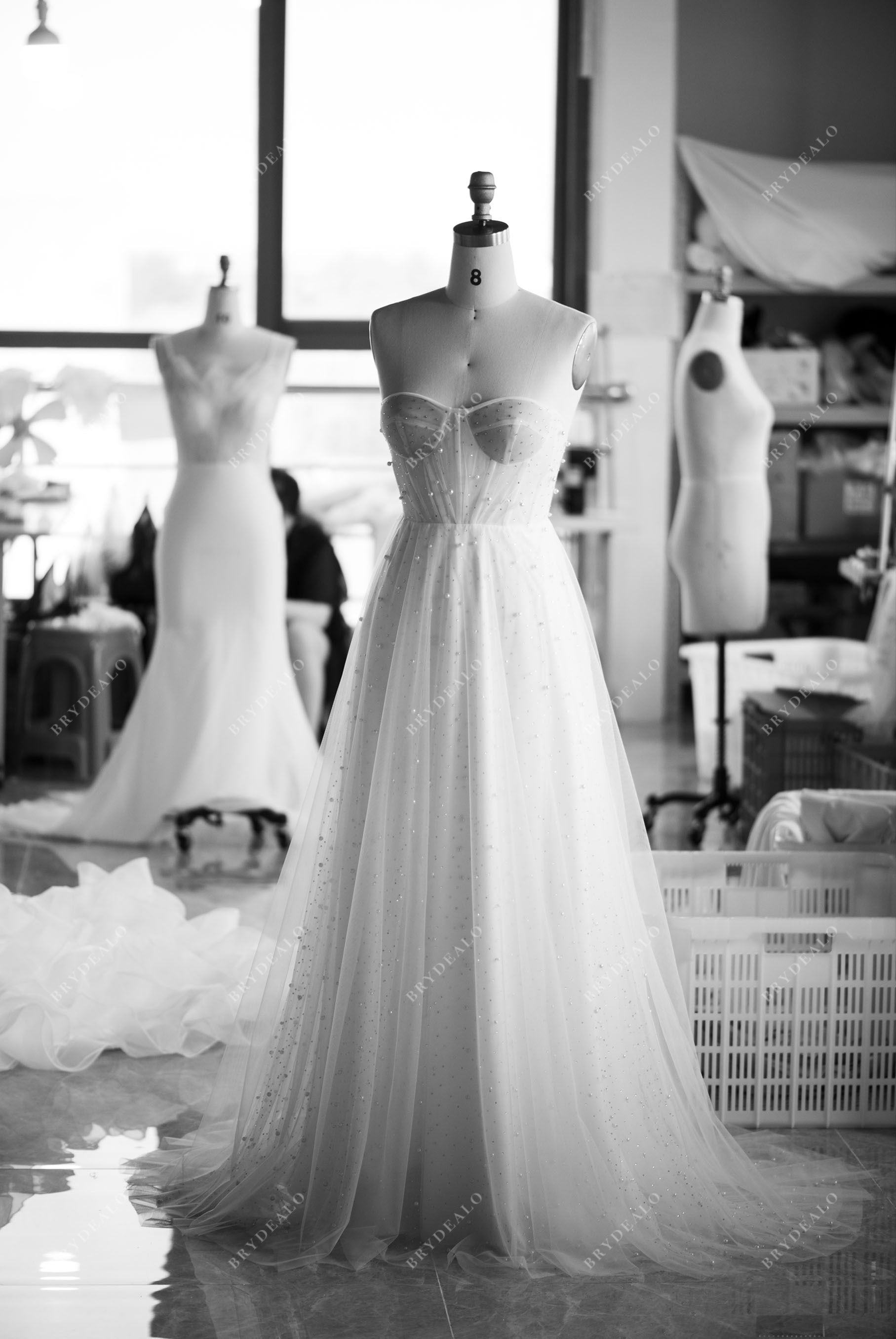 designer corset pearl A-line beach wedding dress