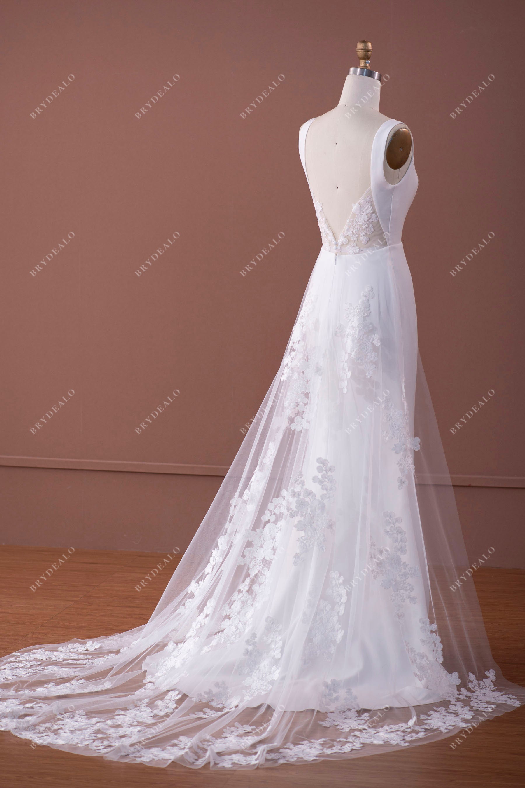 lace panel train designer crepe mermaid wedding gown