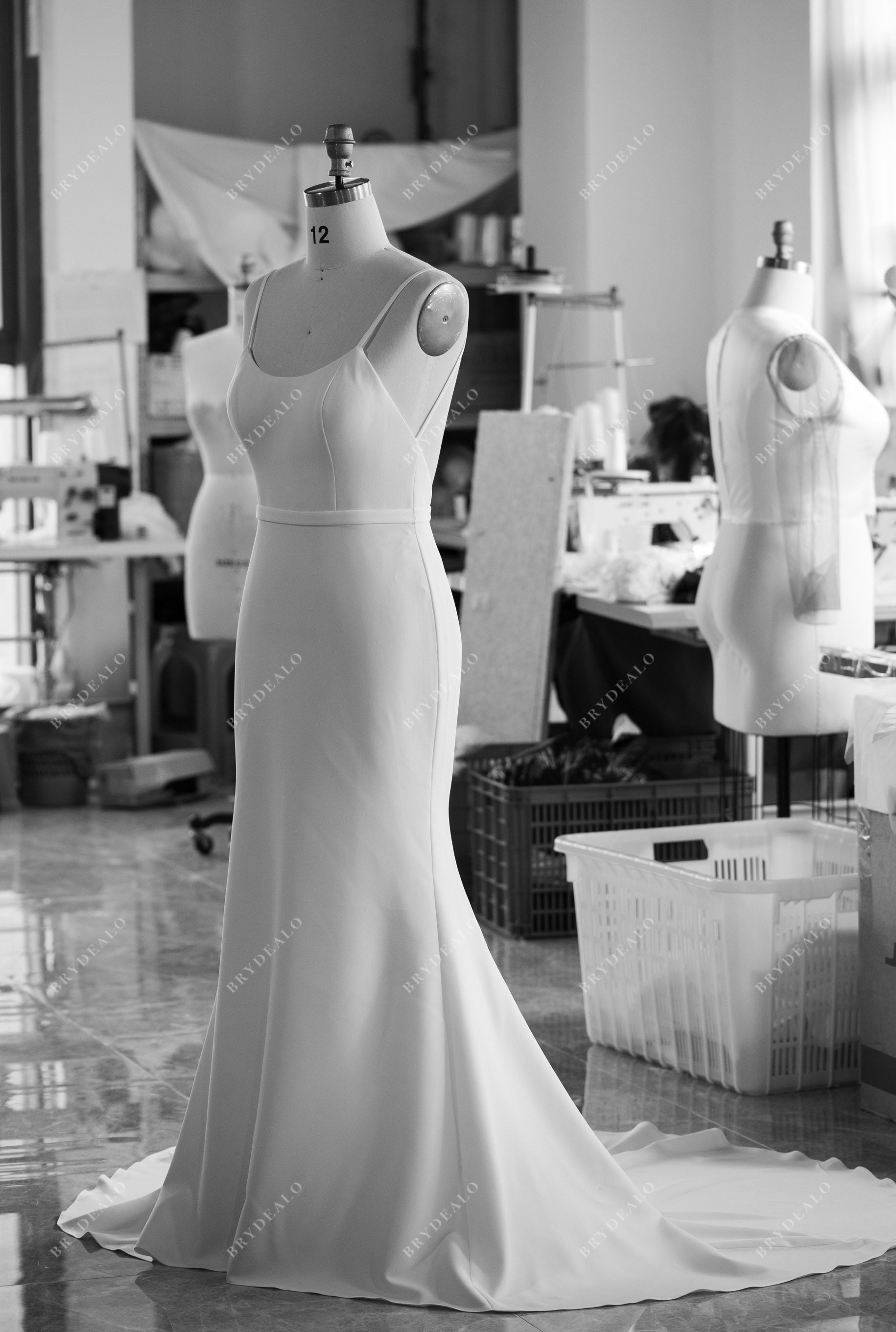 designer sleeveless crepe mermaid wedding dress