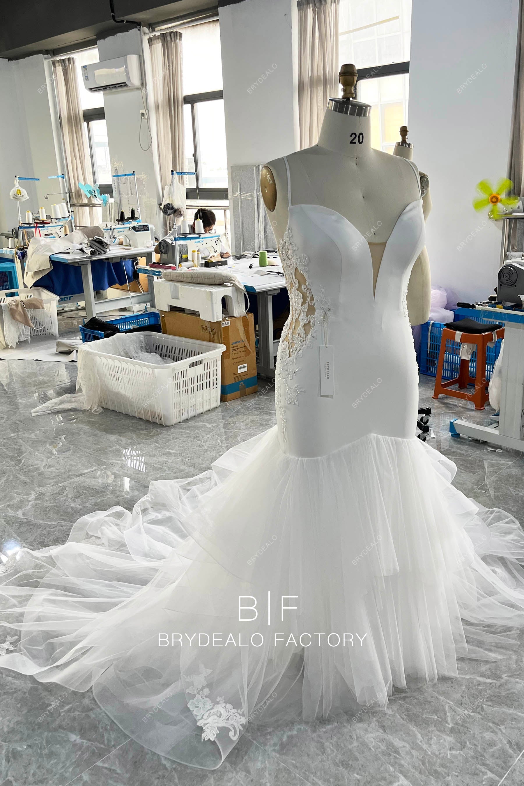 custom crepe plunging ruffled mermaid bridal gown