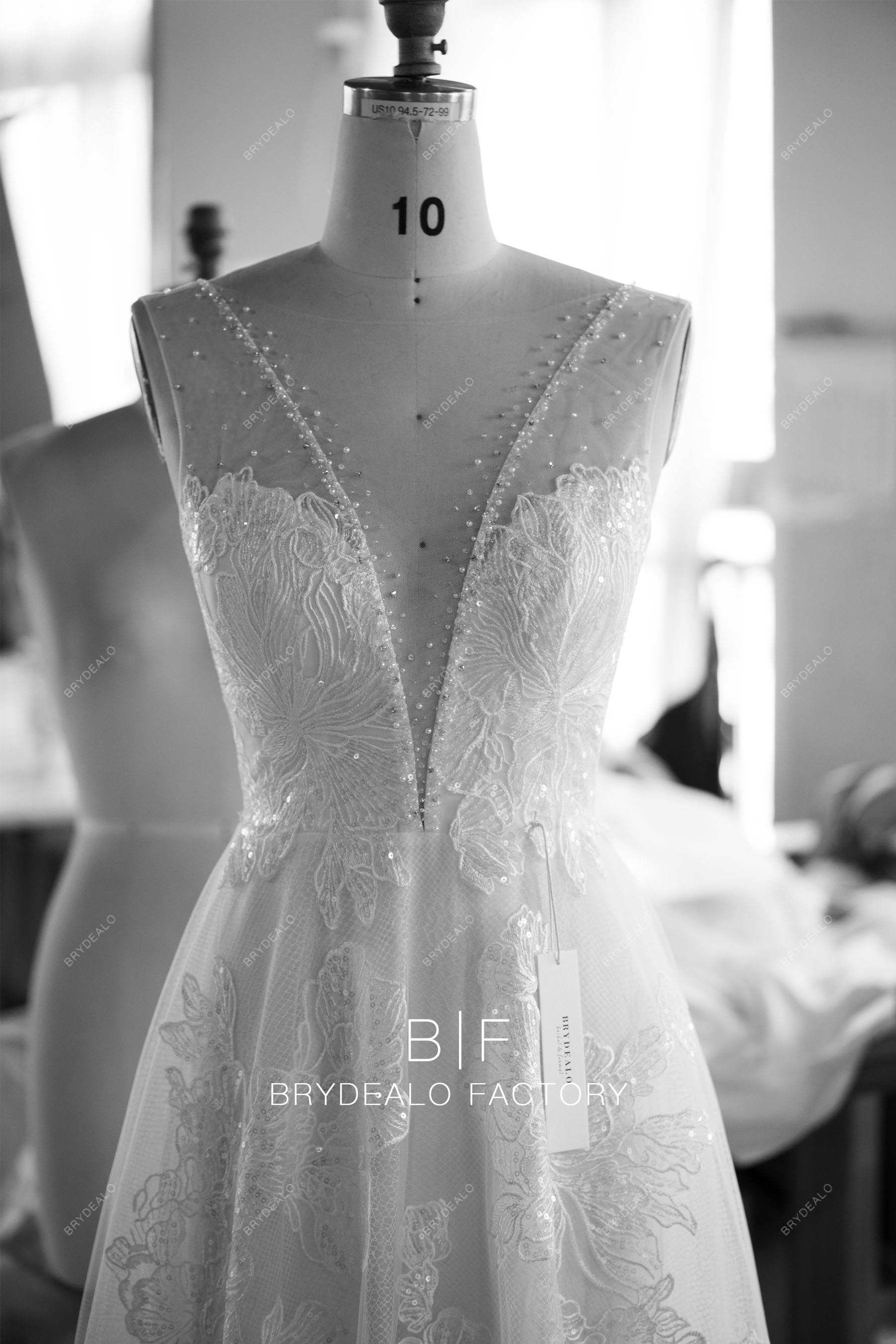 designer crystal shimmery sequined lace A-line wedding dress