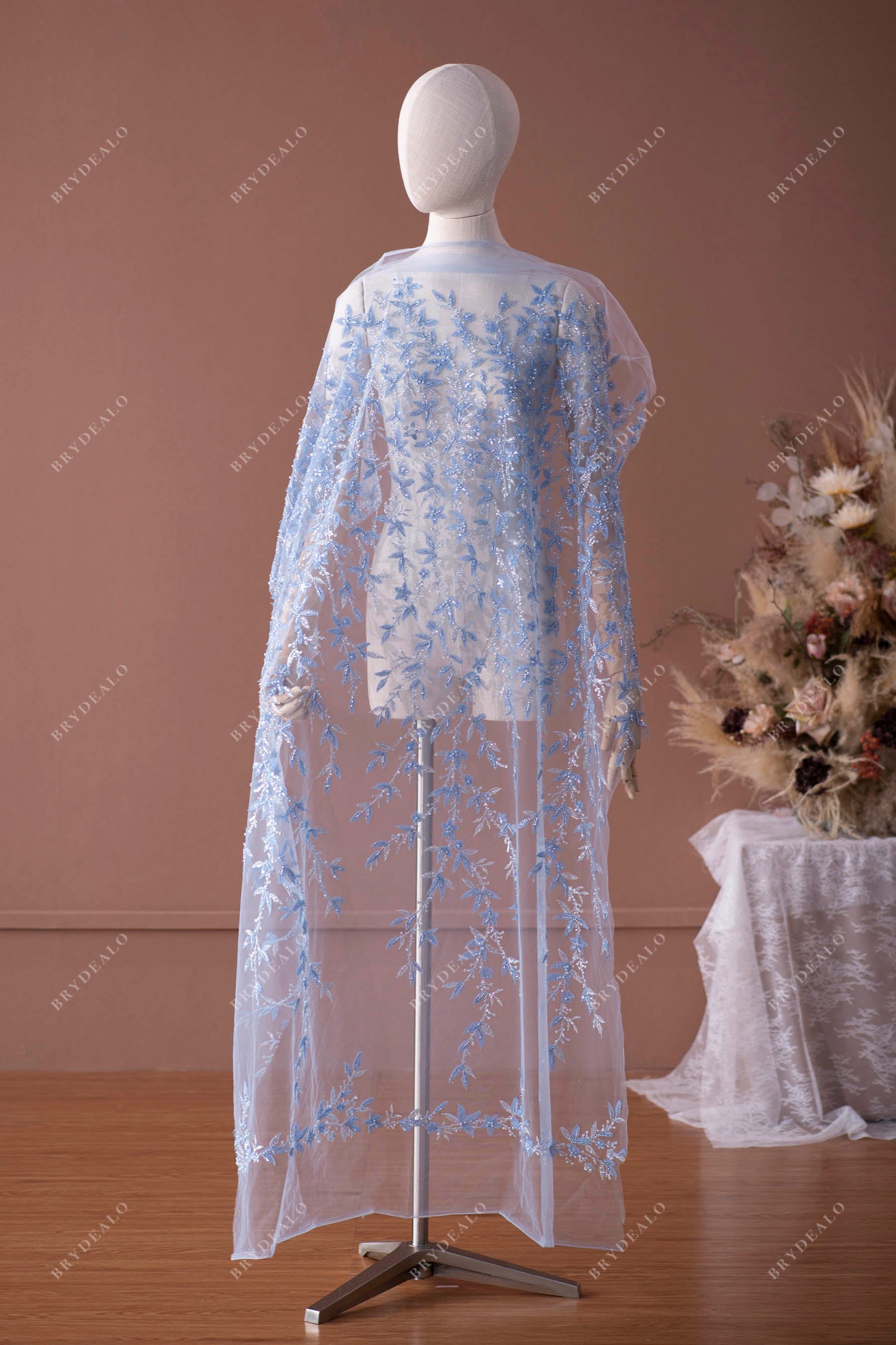 Luxury Blue Beaded 3D Leaf Lace Fabric
