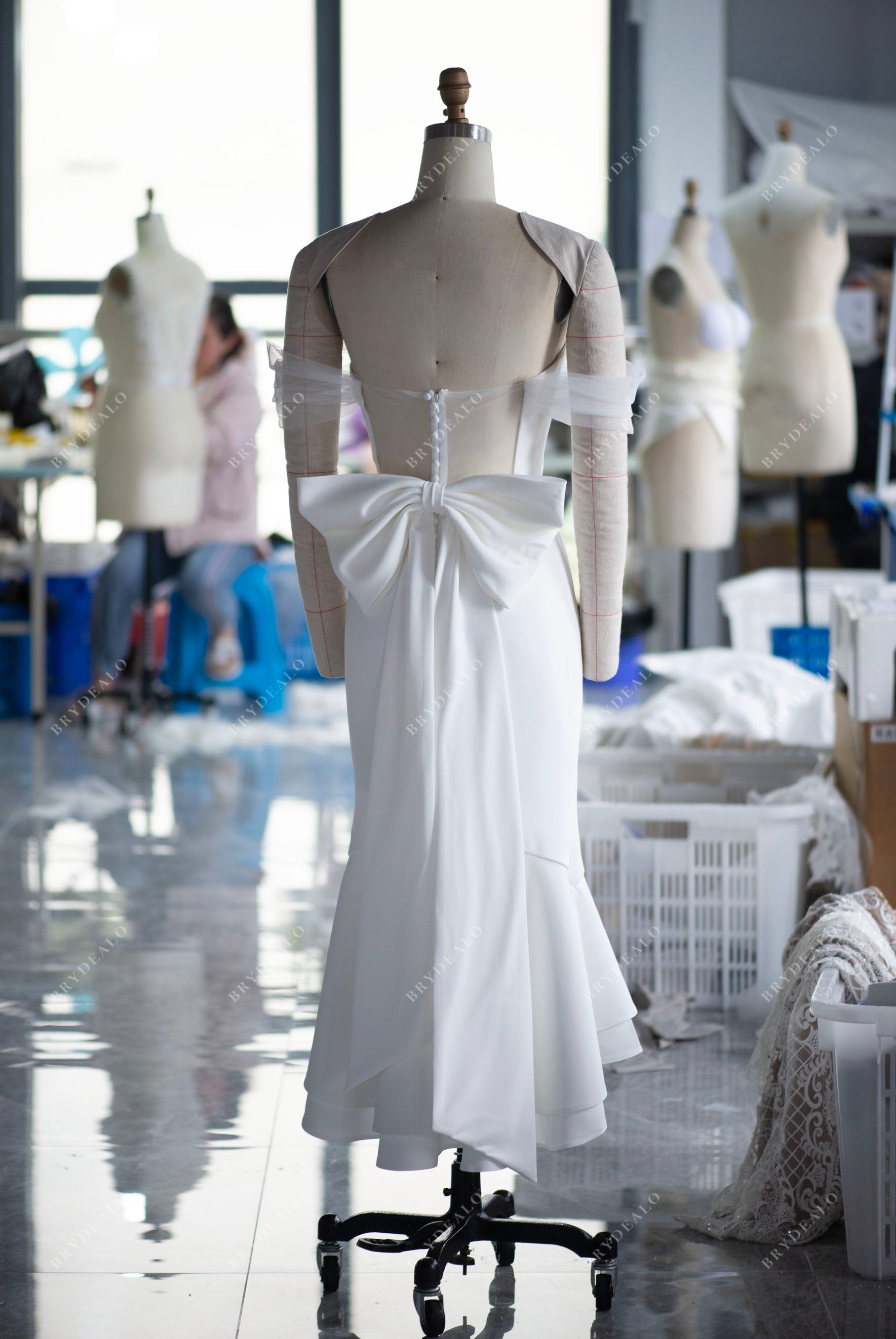 off shoulder designer crepe fishtail casual wedding dres