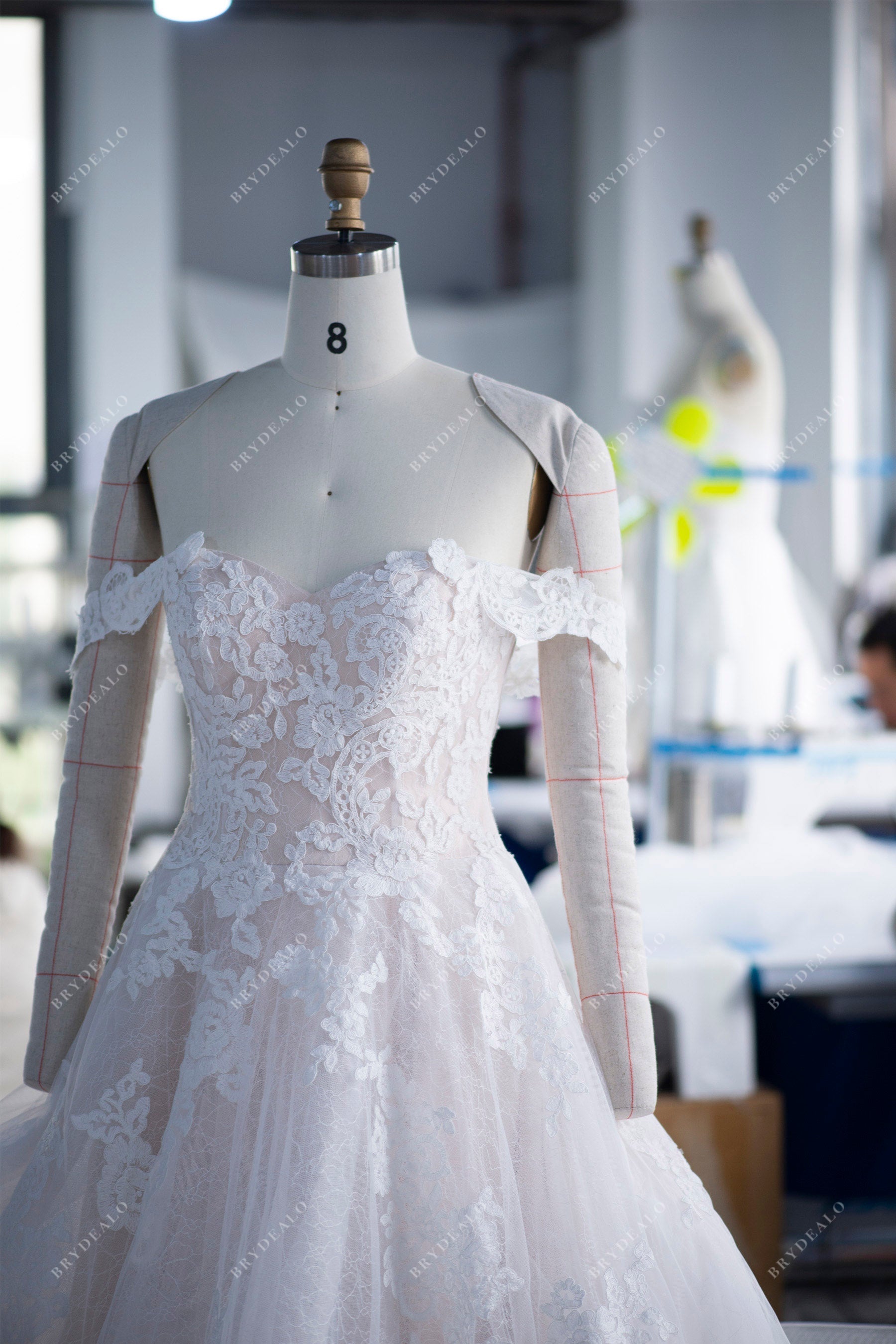 designer flower lace off shoulder puffy wedding dress