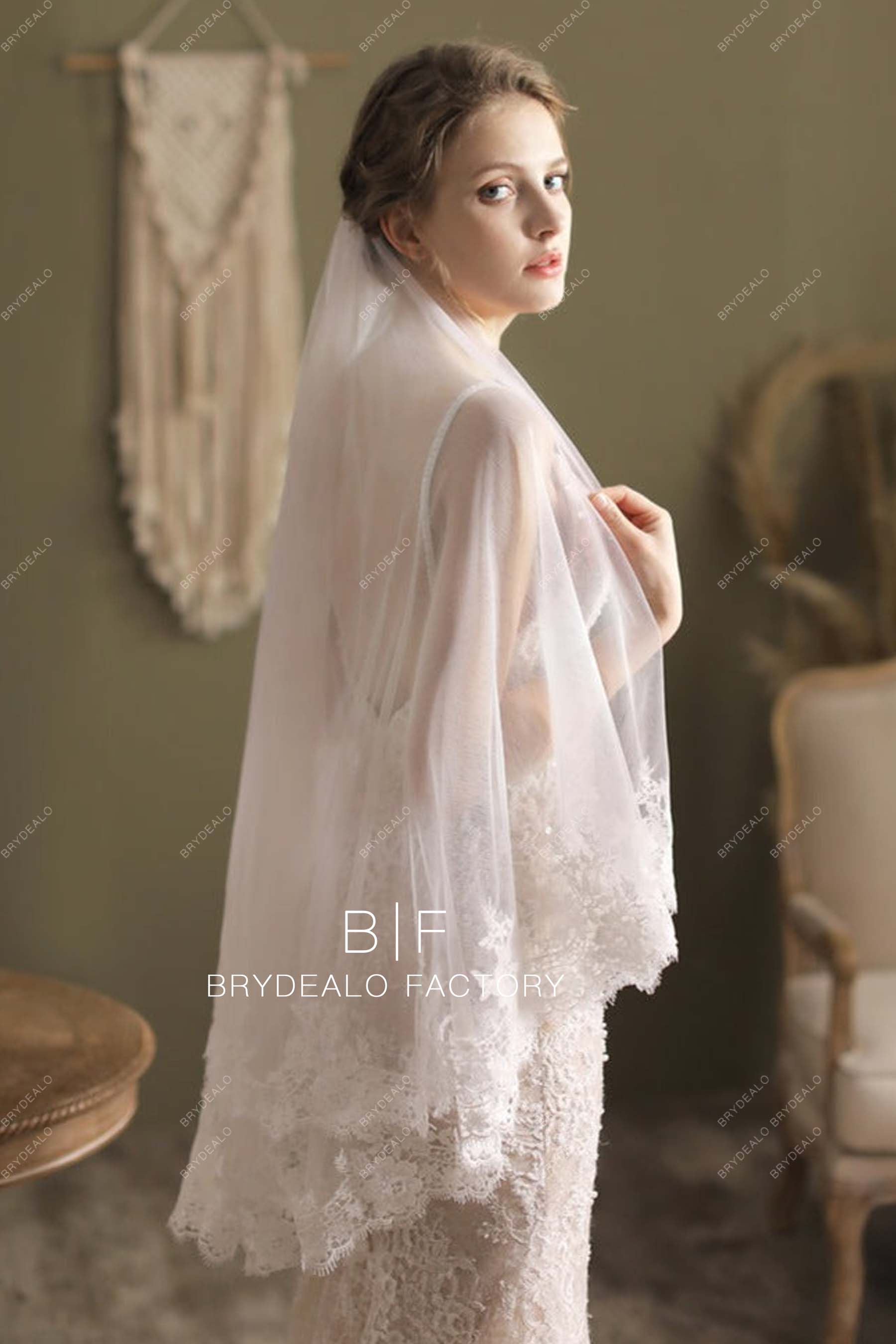 Two-Tiered Fingertip Length Bridal Veil Lace Trim Wedding Veil