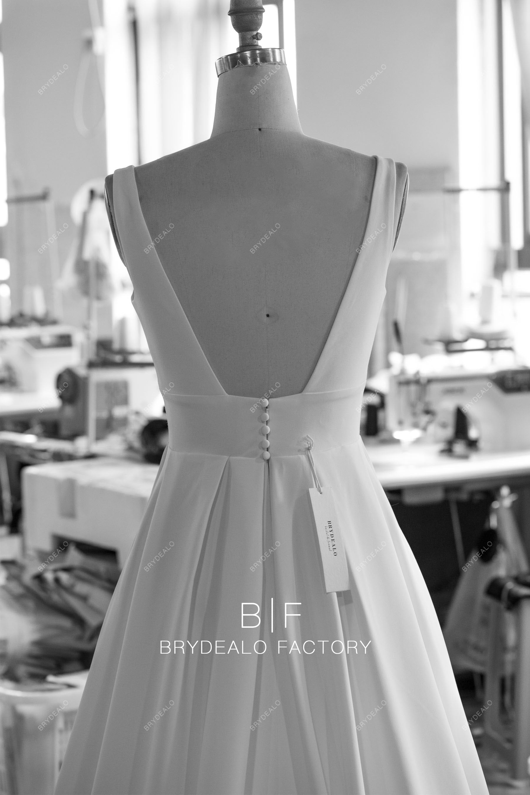 designer open back crepe long wedding dress