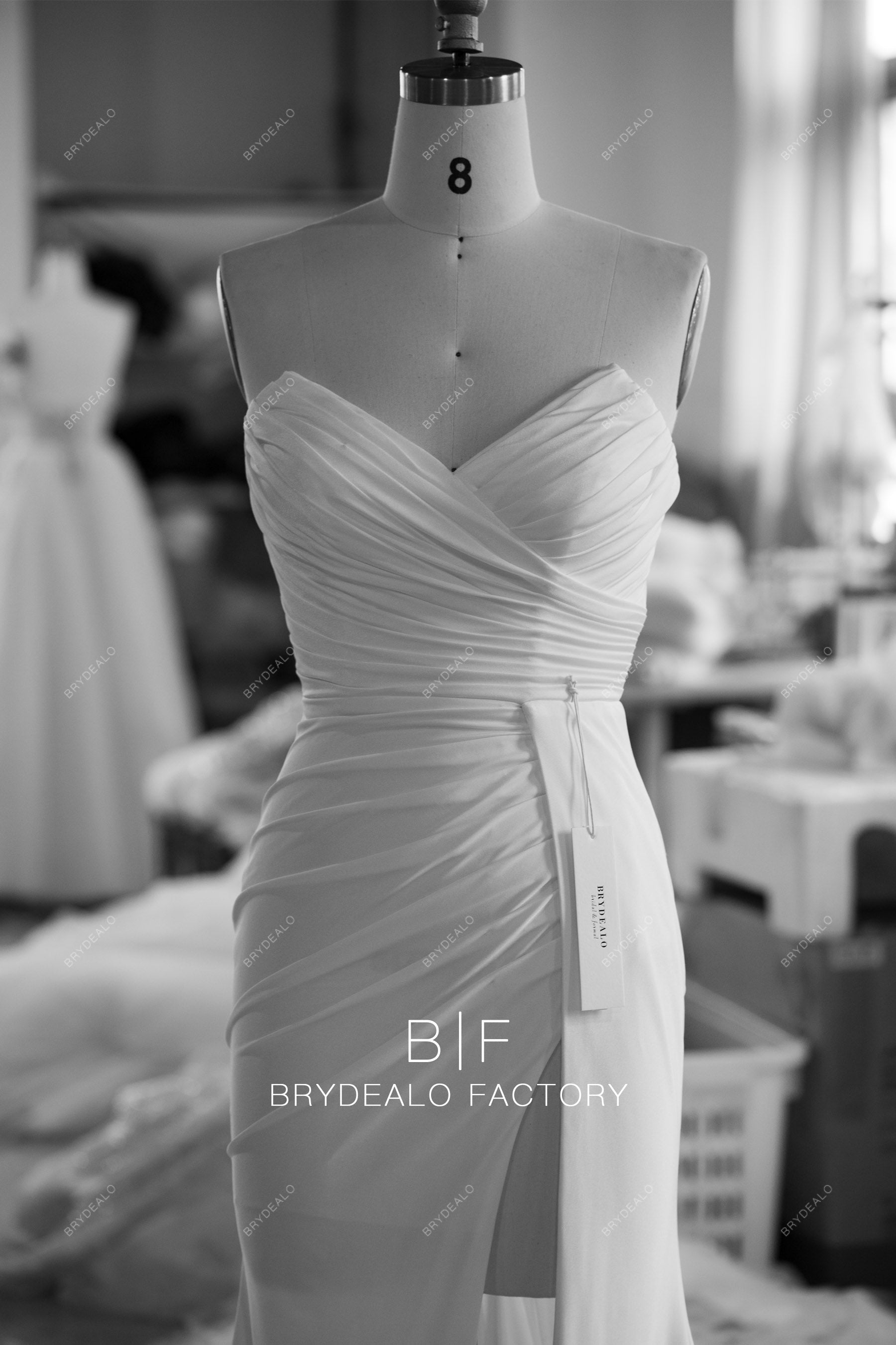 custom pleated V-cut wedding dress for sale