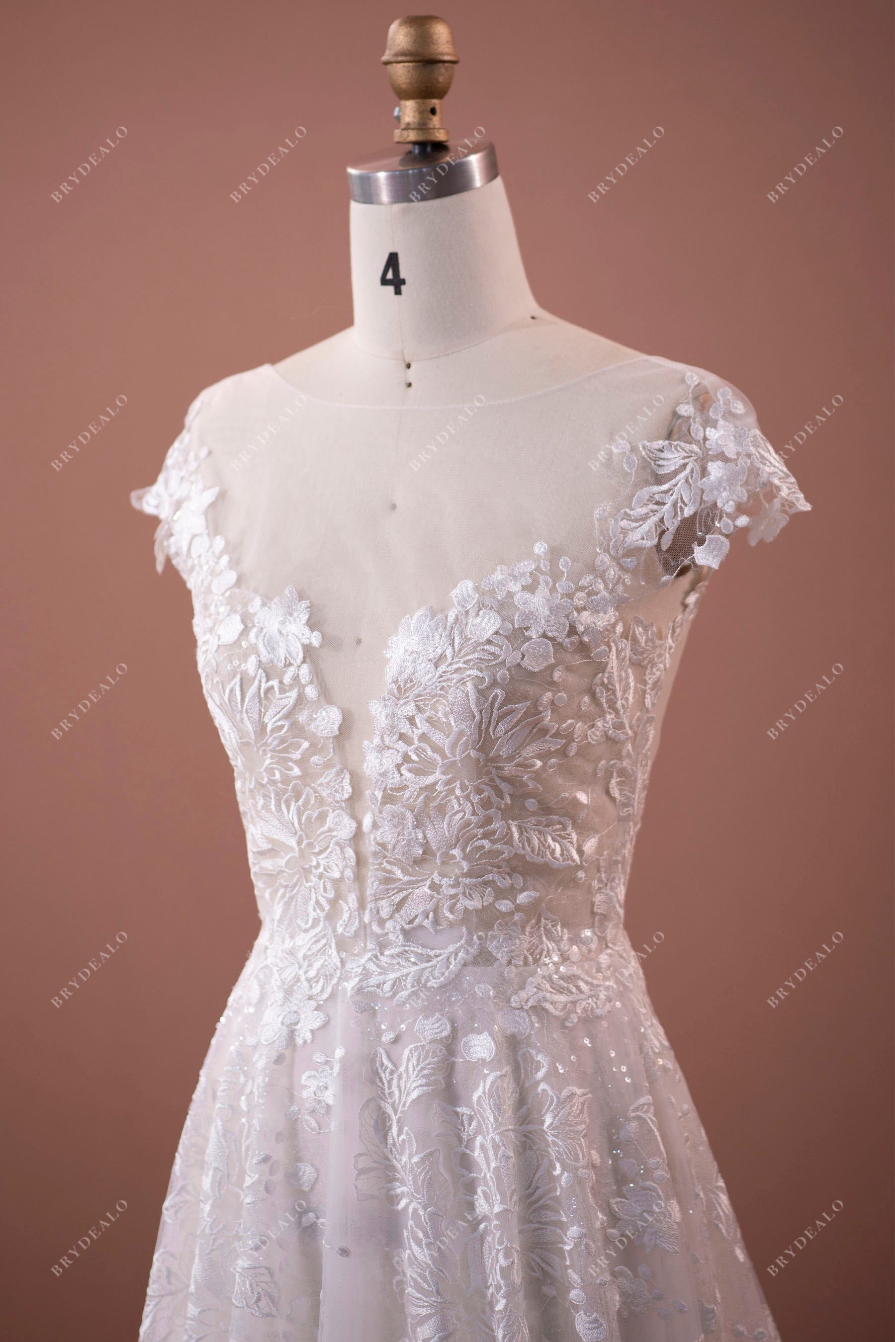 Boho Flower Lace Illusion Neck Wedding Dress