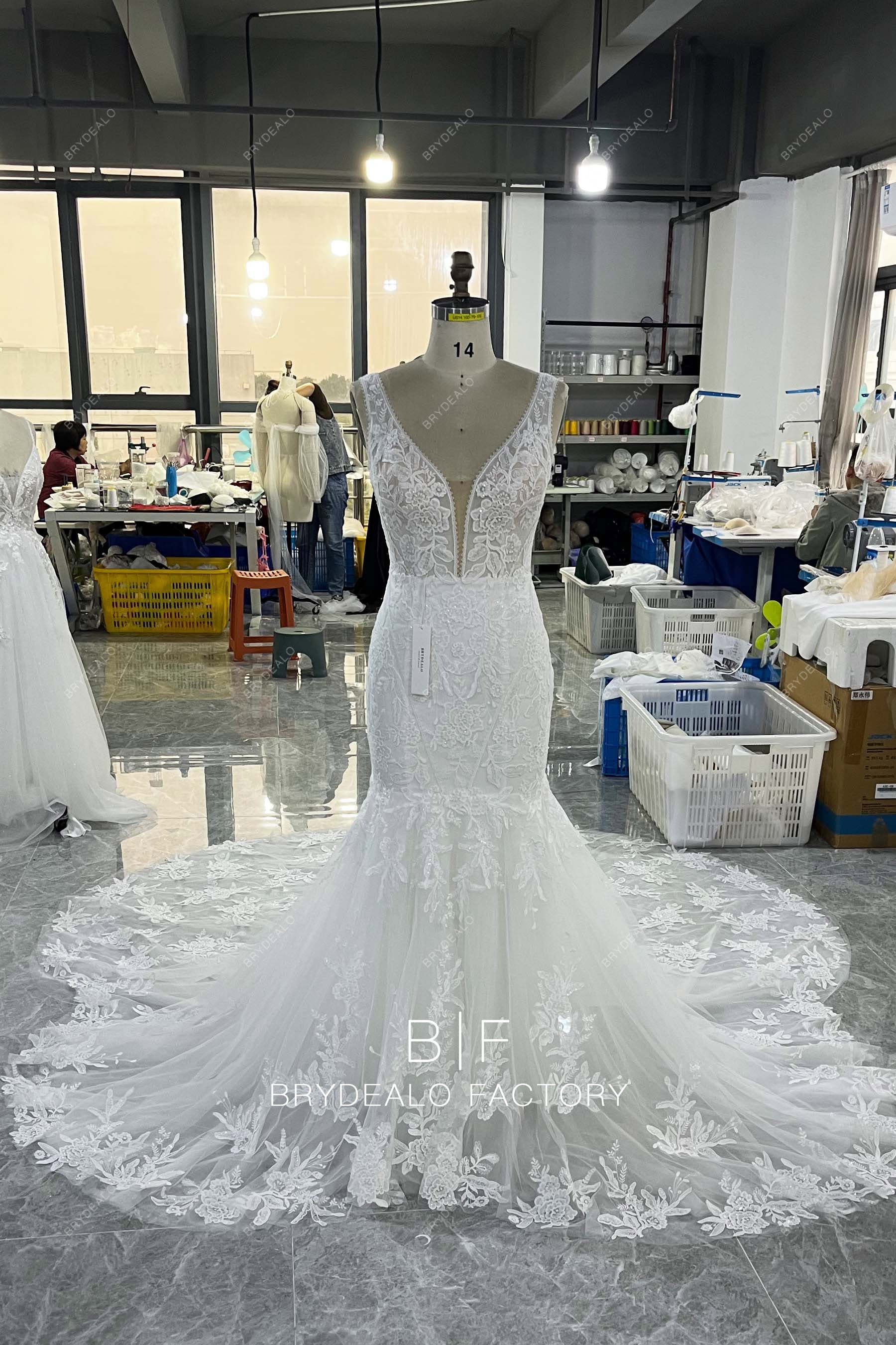 custom plunging neck lace mermaid wedding dress