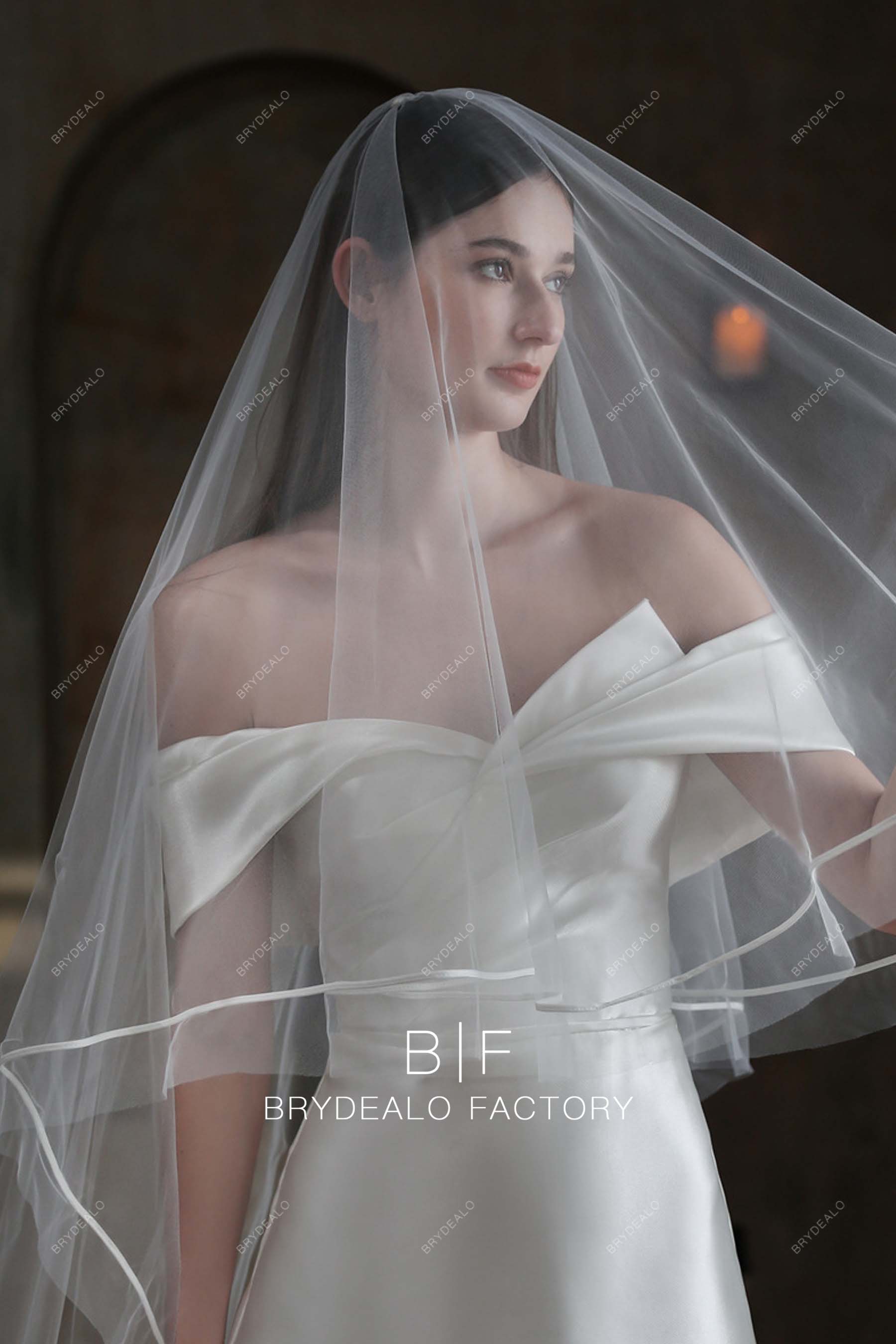 modern satin ribbon edging bridal drop veil