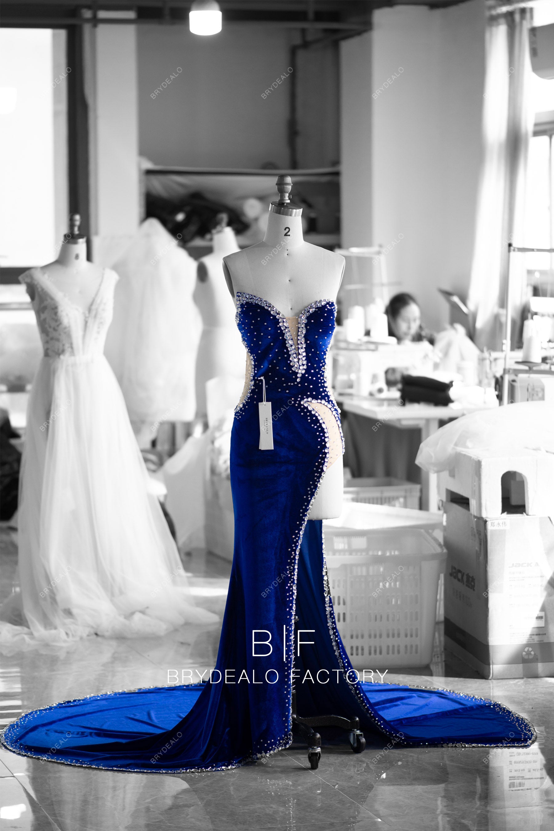 custom royal blue velvet designer rhinestones prom dress