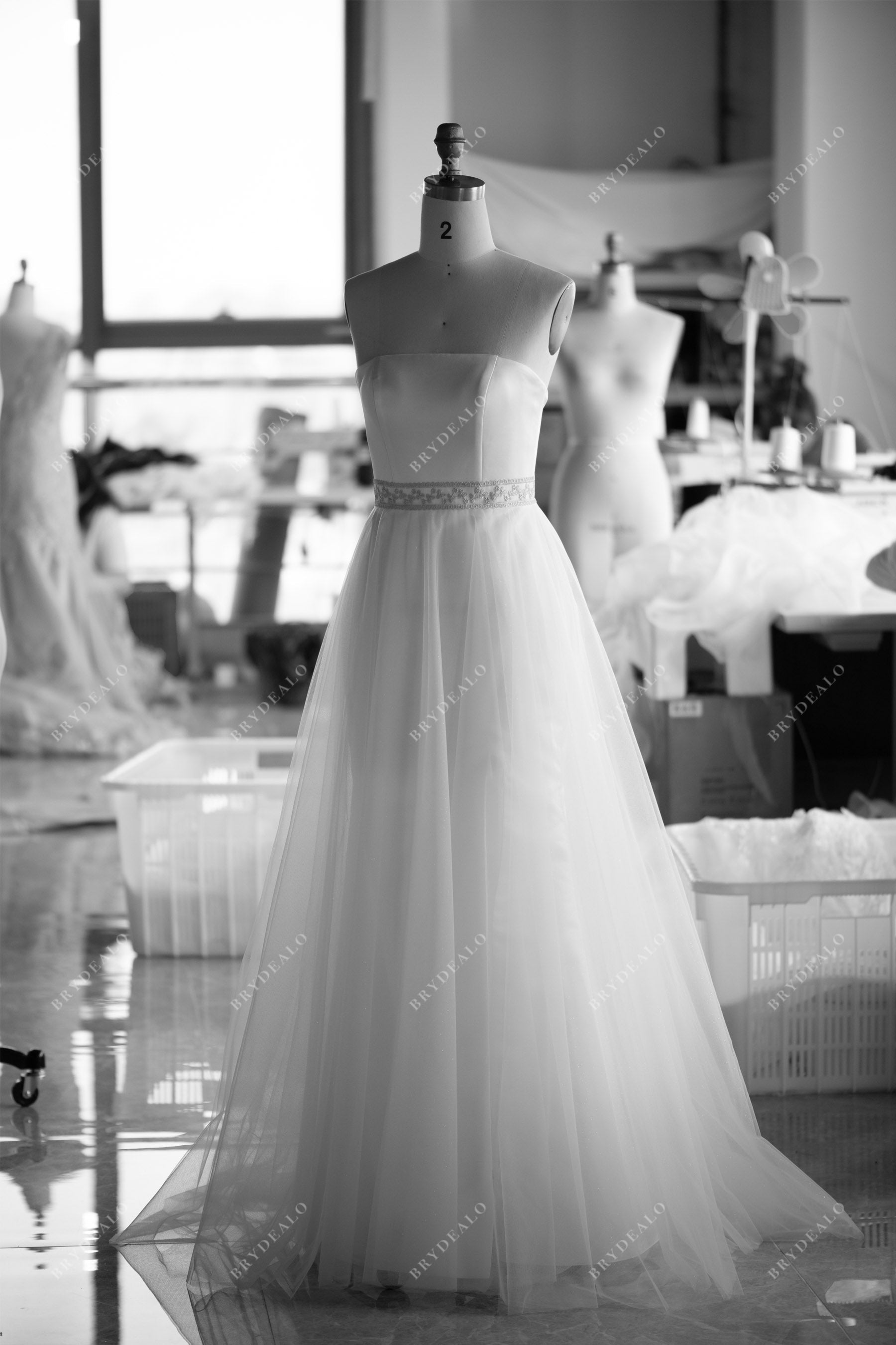 custom simple satin tulle A-line wedding dress
