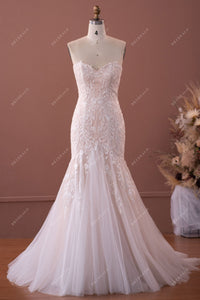 Strapless Sweetheart Lace Tulle Mermaid Nude Destination Wedding Gown