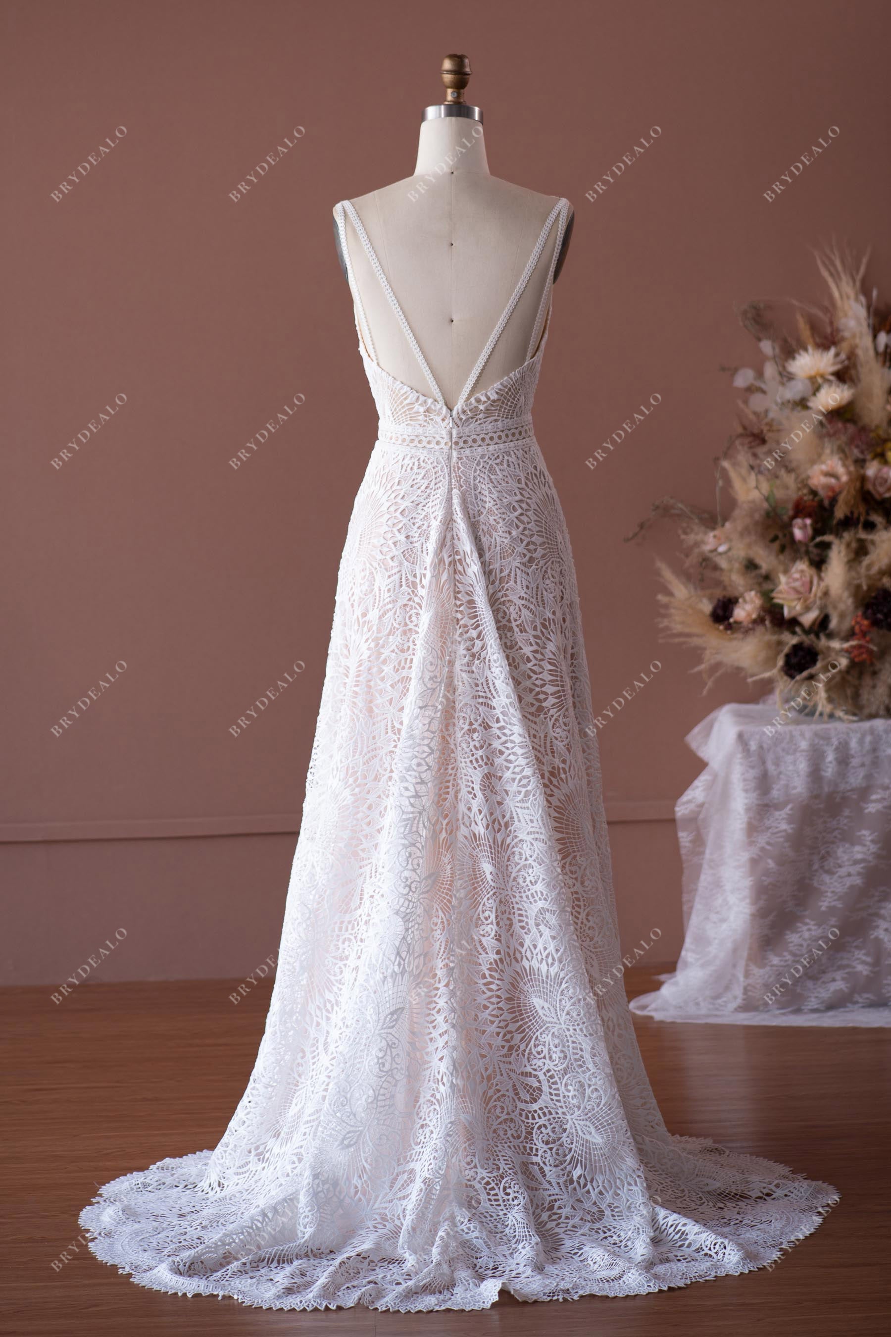 open back thin straps sweep train bridal gown