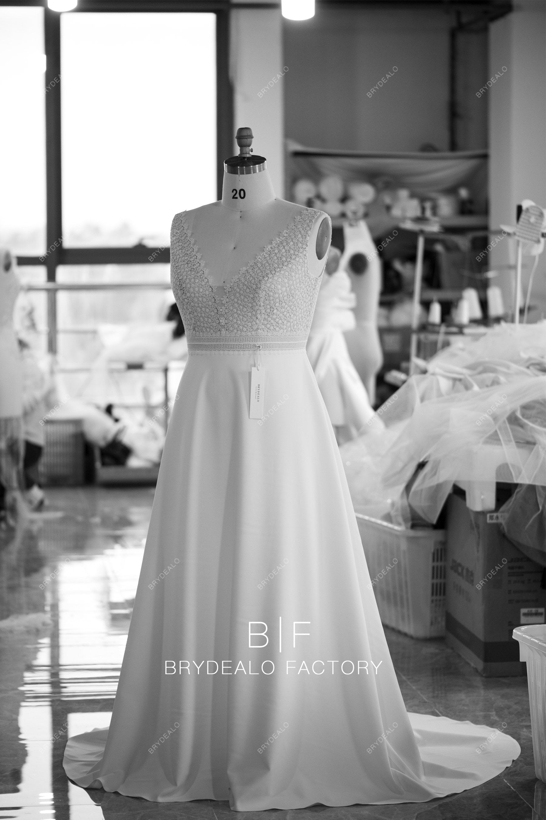 custom straps plunging lace crepe A-line wedding dress