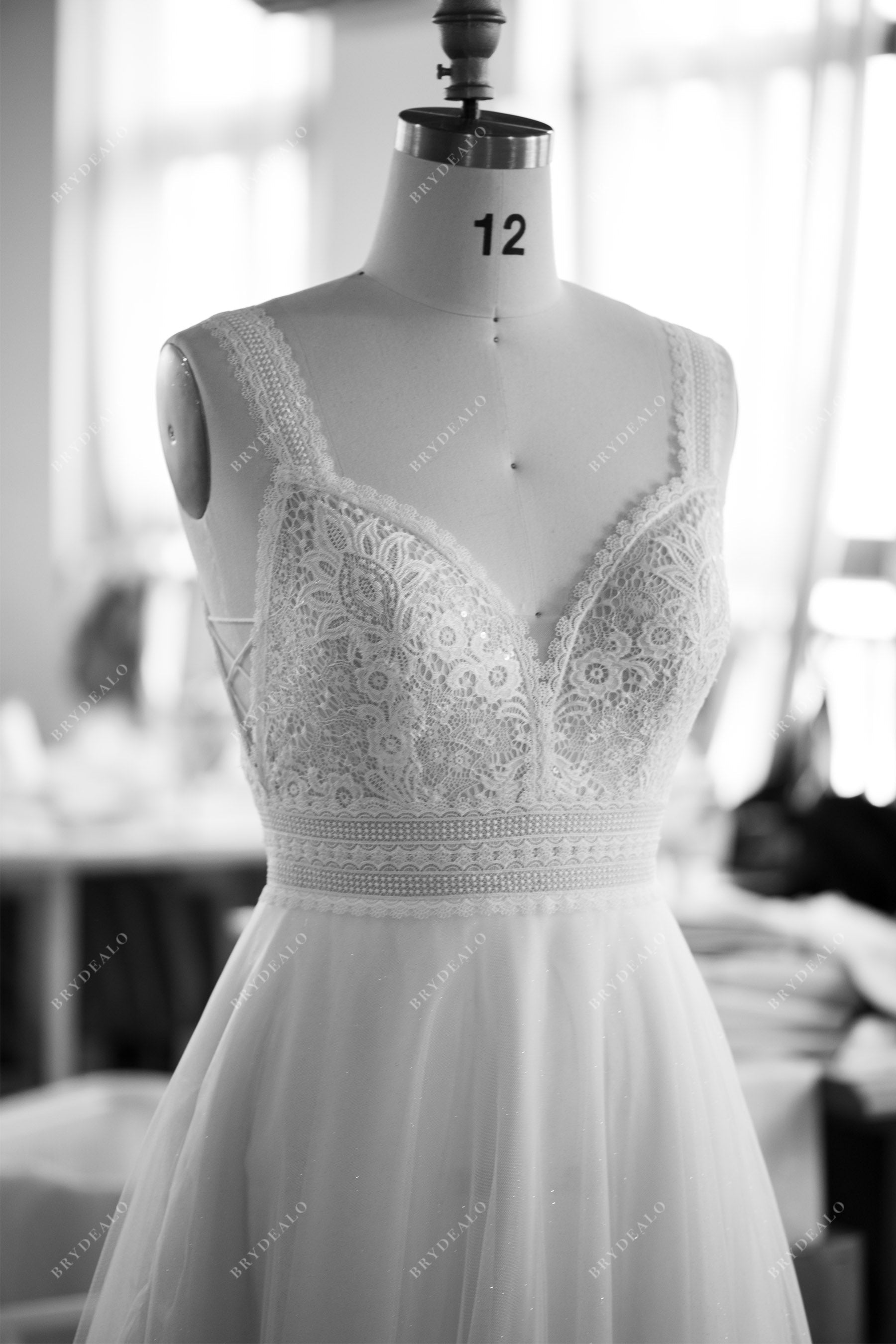 custom strap sleeveless plunging lace wedding dress