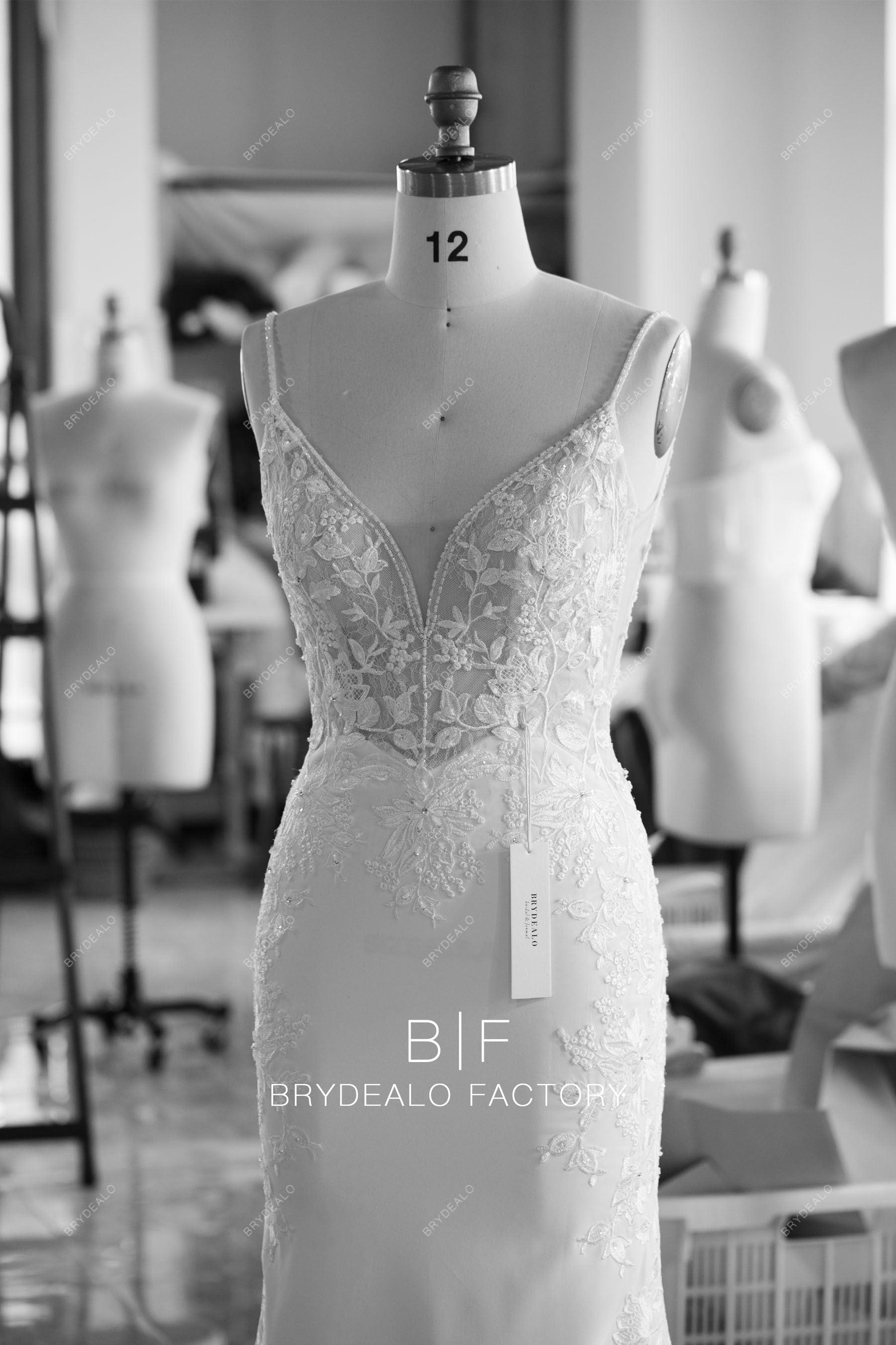 custom thin straps beaded lace bridal gown